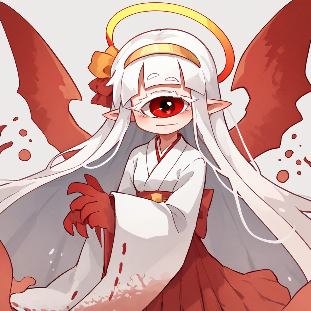 score_8_up
 <lora:02 (Beco) v3:0.5> beco02, 1girl, solo, cyclops, halo, long hair, white hair, japanese clothes, red eyes, monster girl, pointy ears, ghost tail, wings, white eyelashes