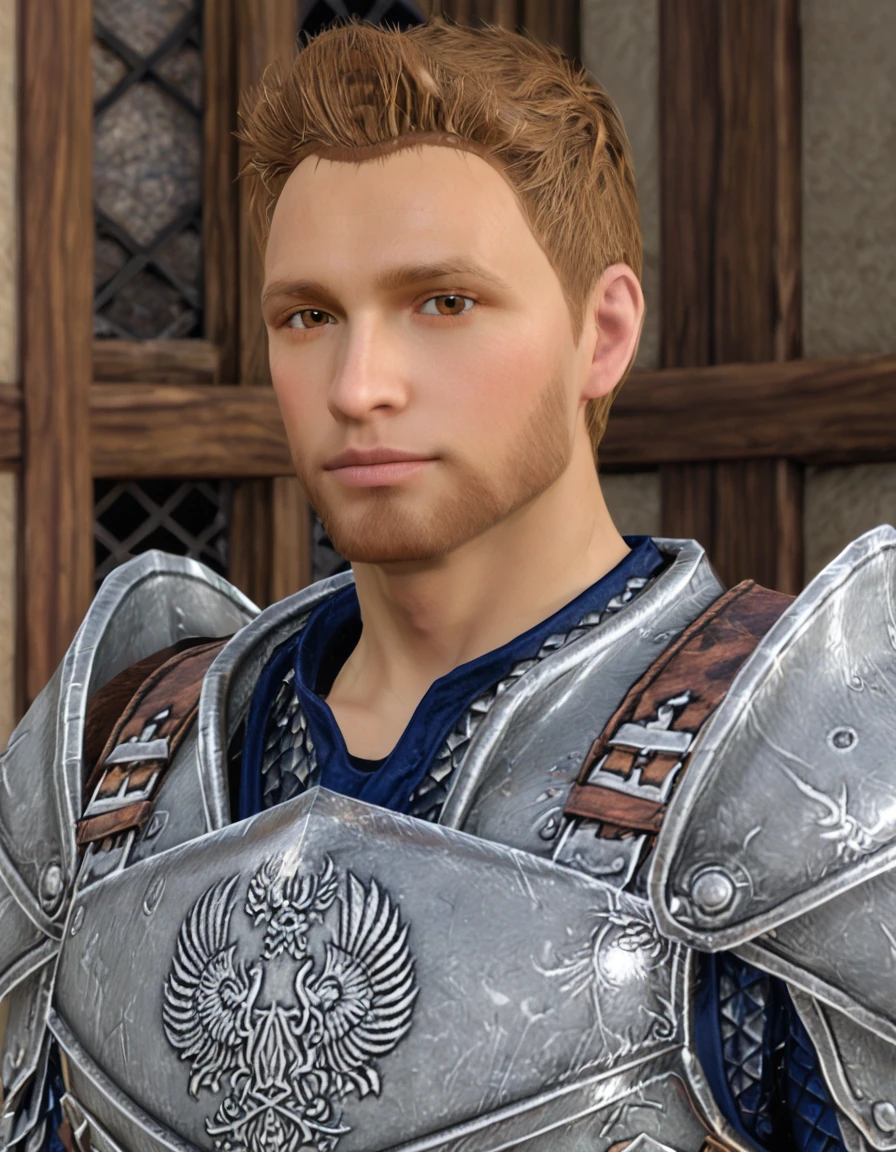 high quality, realistic, masterpiece, fantasy background
BREAK <lora:Dragon Age - Alistair Theirin - (Pony)_epoch_7:1>, (da_alistair, male, brown eyes, facial hair, warden armor), looking at viewer