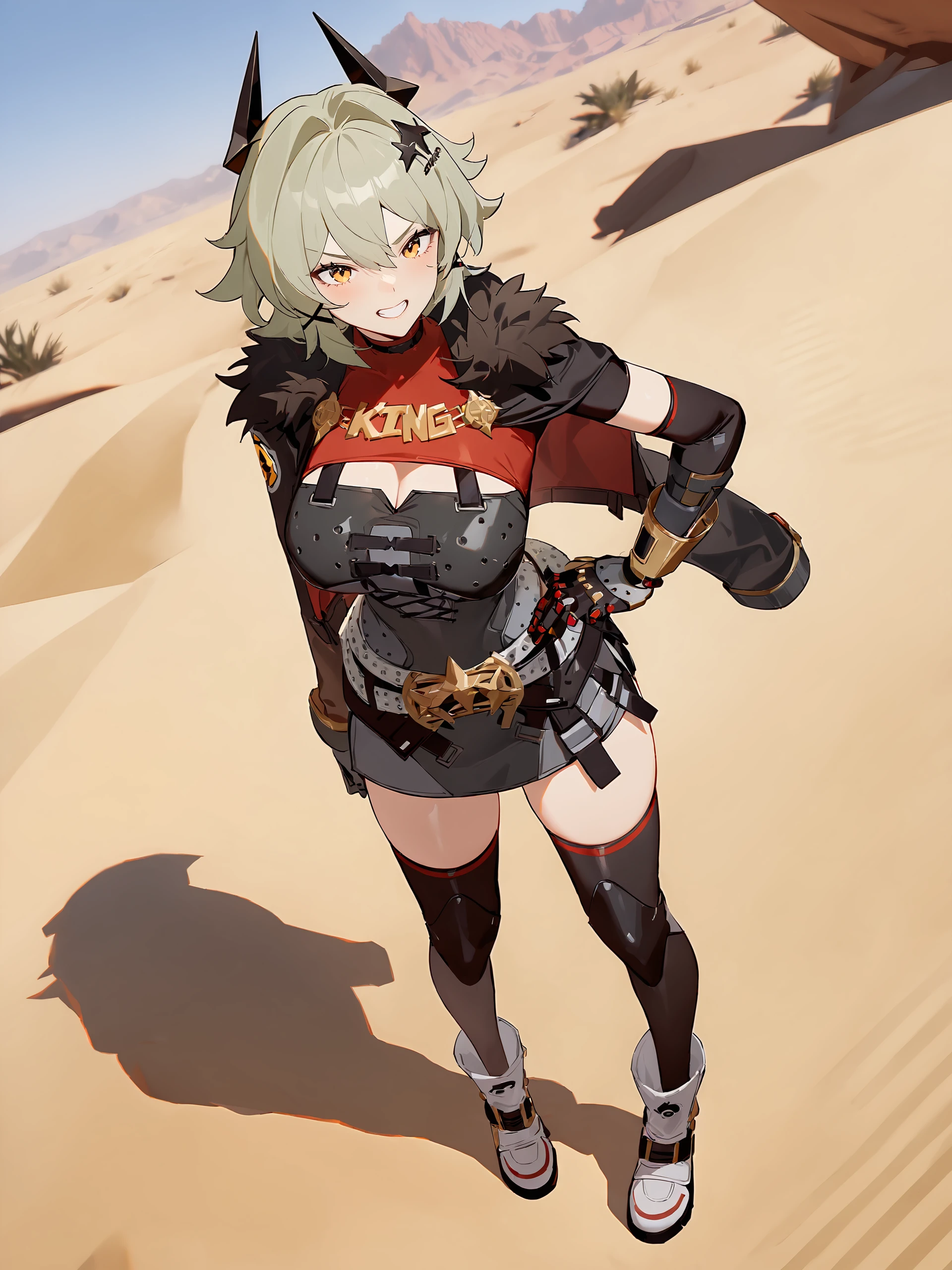 1girl, caesar king \(zenless zone zero\), horns, x hair ornament, hairclip, turtleneck sweater, mechanical arms, pencil dress, fur-trimmed jacket, arm out of sleeveknee pads, ankle boots, full body, standing, grin, v-shaped eyebrows, looking at viewer, hand on hip, outdoors, desert <lora:Char-ZZZ-Caesar-XL-V1:0.9>, masterpiece, best quality, very aesthetic, ray tracing, newest,(hitenkei, askzy:0.5)