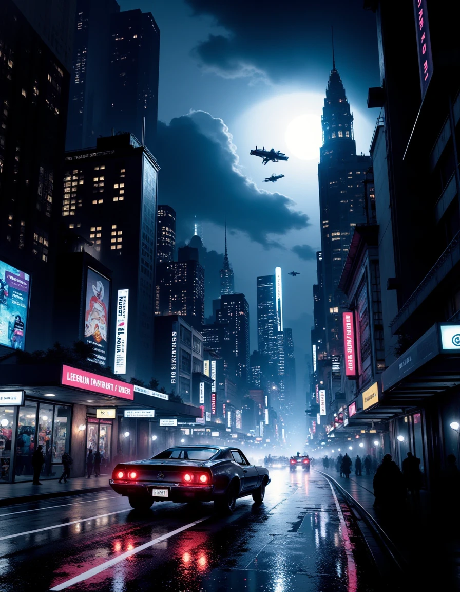 A neon-lit, futuristic cityscape, an ink-drawn car speeding through a rain-soaked street. The towering skyscrapers glow with vibrant advertisements, while distant flying cars streak across the sky. Best quality rendering of reflections on wet surfaces, with bright lights creating a dramatic contrast against the dark alleyways. The sky has a digital cloud pattern, with a large full moon casting a faint blue glow. High-resolution detail captures the gritty atmosphere of the cyberpunk environment, filled with sleek, metallic structures and the hum of technology, 1980s, bladerunner.
<lora:mrcenterfordInkStyle-FLUX-V0.1:1>