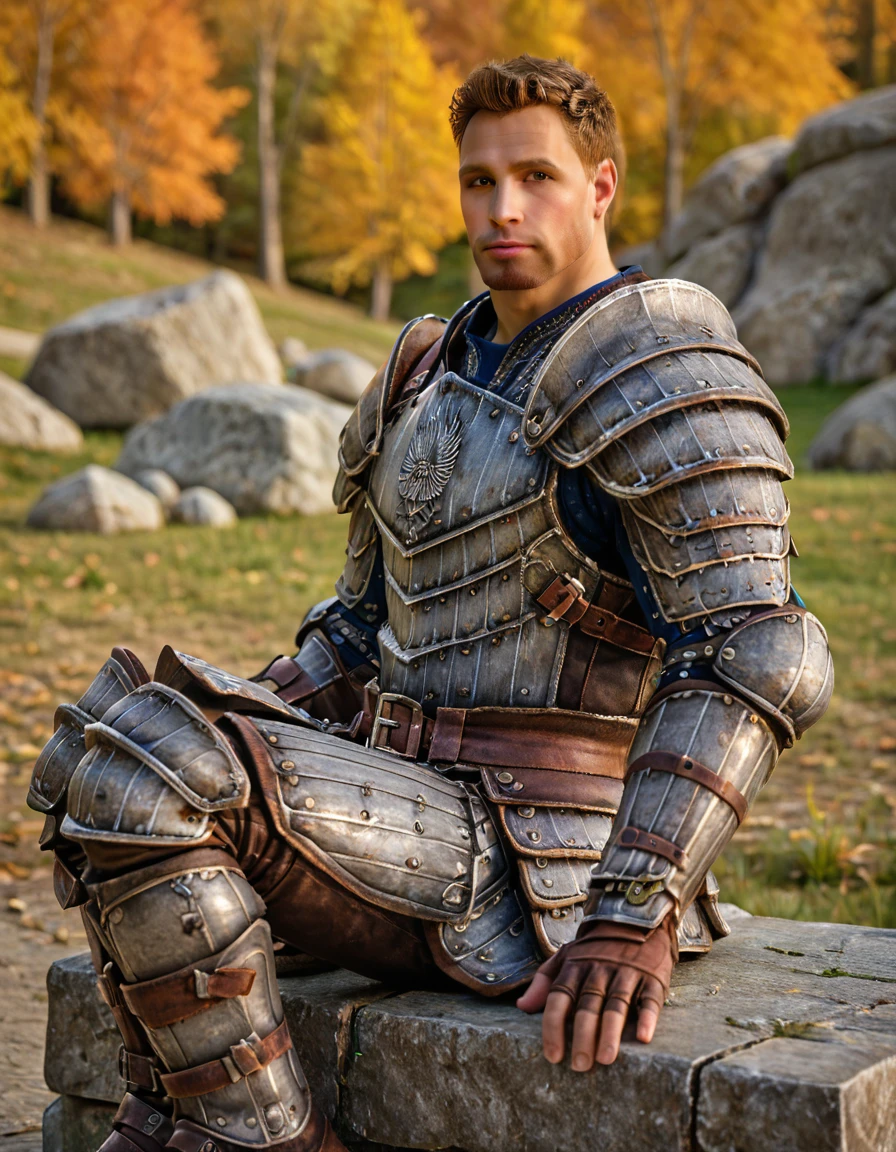 high quality, realistic, masterpiece, fantasy background
BREAK <lora:Dragon Age - Alistair Theirin - (Pony)_epoch_7:1>, (da_alistair, male, dark blonde hair, brown eyes, facial hair, plain armor), looking at viewer, full body, close-up, sitting on stone wall