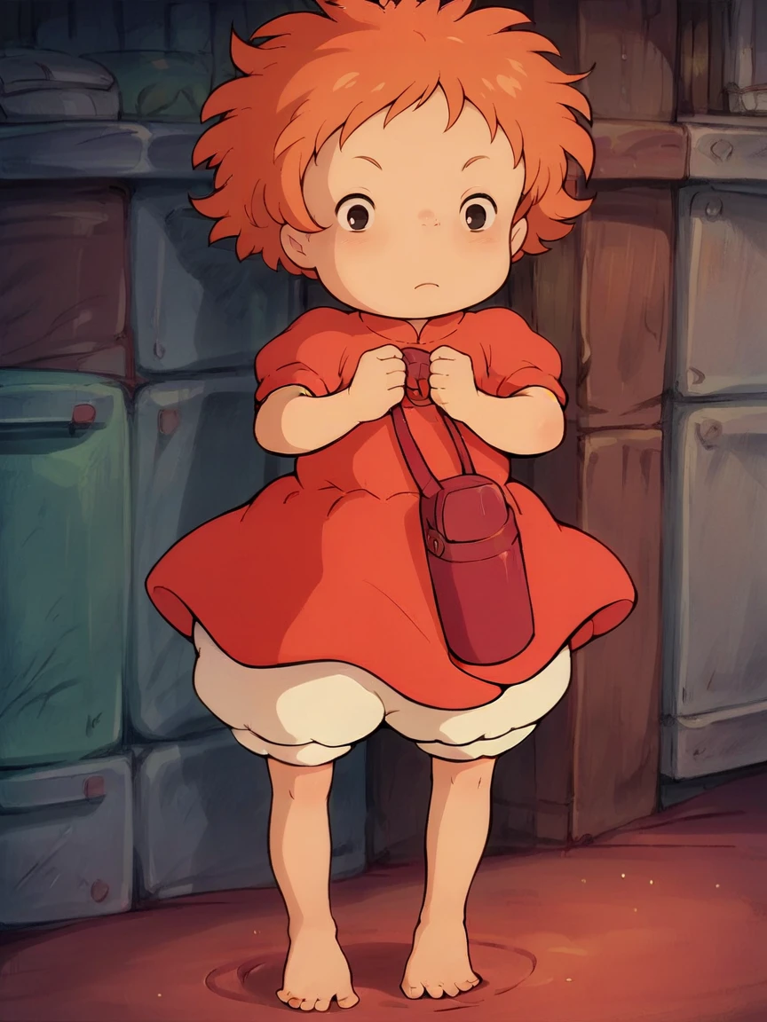 score_9, score_8_up, score_7_up, score_6_up, score_5_up,  <lora:PonyoXLP:1> ponyo, 1girl, short hair, dress, solo, barefoot, orange hair, black eyes, child, red dress, bloomers