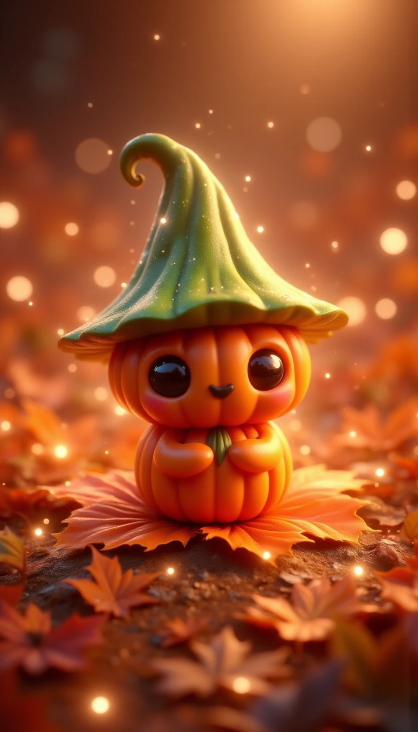 pinkchibihalloween,A small pumpkin wearing a green stem hat, sitting on a soft orange leaf and surrounded by glittering fairy lights																				