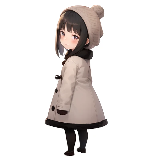 (masterpiece,best quality),bdchibi,full body, 1girl, solo,white background,<lora:bdchibi:1>, winter clothes, from behind, looking back, looking at viewer, smile,