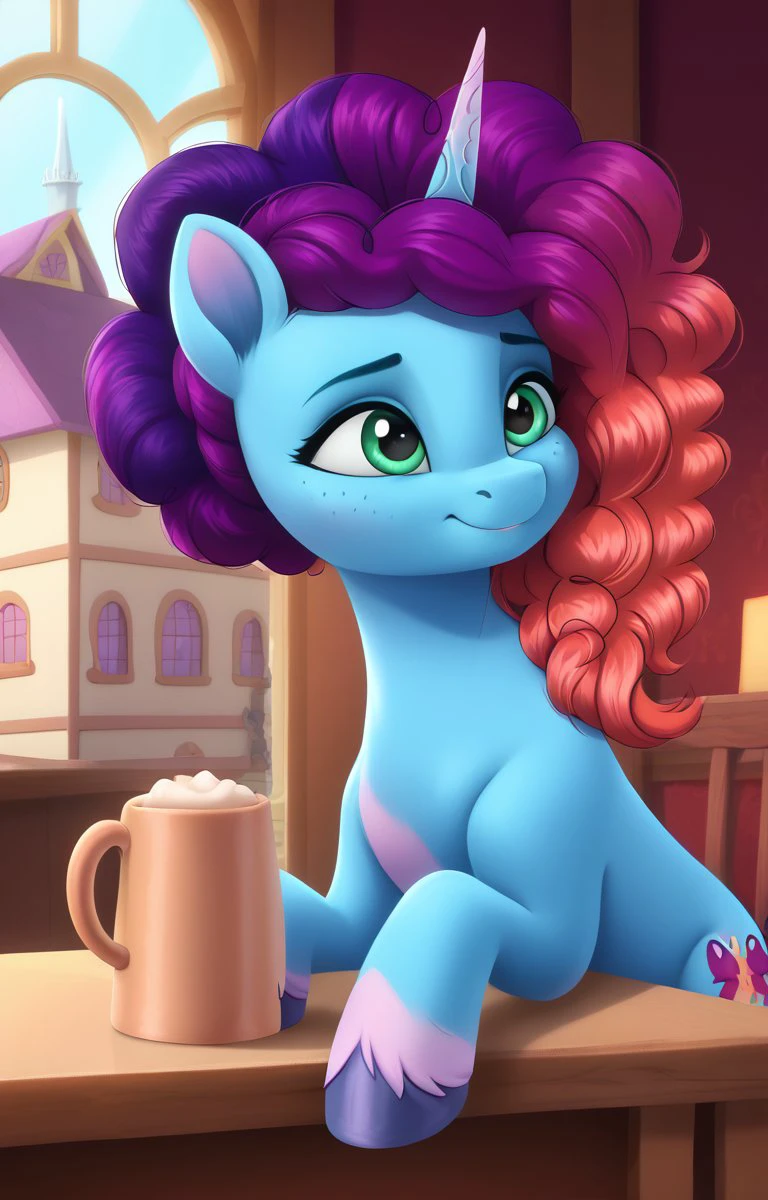 [2D|photorealistic|cellshading|photorealistic|2D], detailed, (beautiful:1.1), high res, highly detailed
 Misty Brightdawn   Body Maya blue, pony, unicorn, a house,sitting on a chair at the table , holding his head with a hoof, looking out the window, pensive face, on the table: a mug, a tarika with a piece of cake, detailed background, detailed room, 
<lora:3D_Animation_Diffusion_Pony_style:0.7> <hypernet:ng_deepnegative_v1_75t:1>
 <lora:Wholesome_MLP-v1.2:1> <lora:Misty Brightdawn:1>