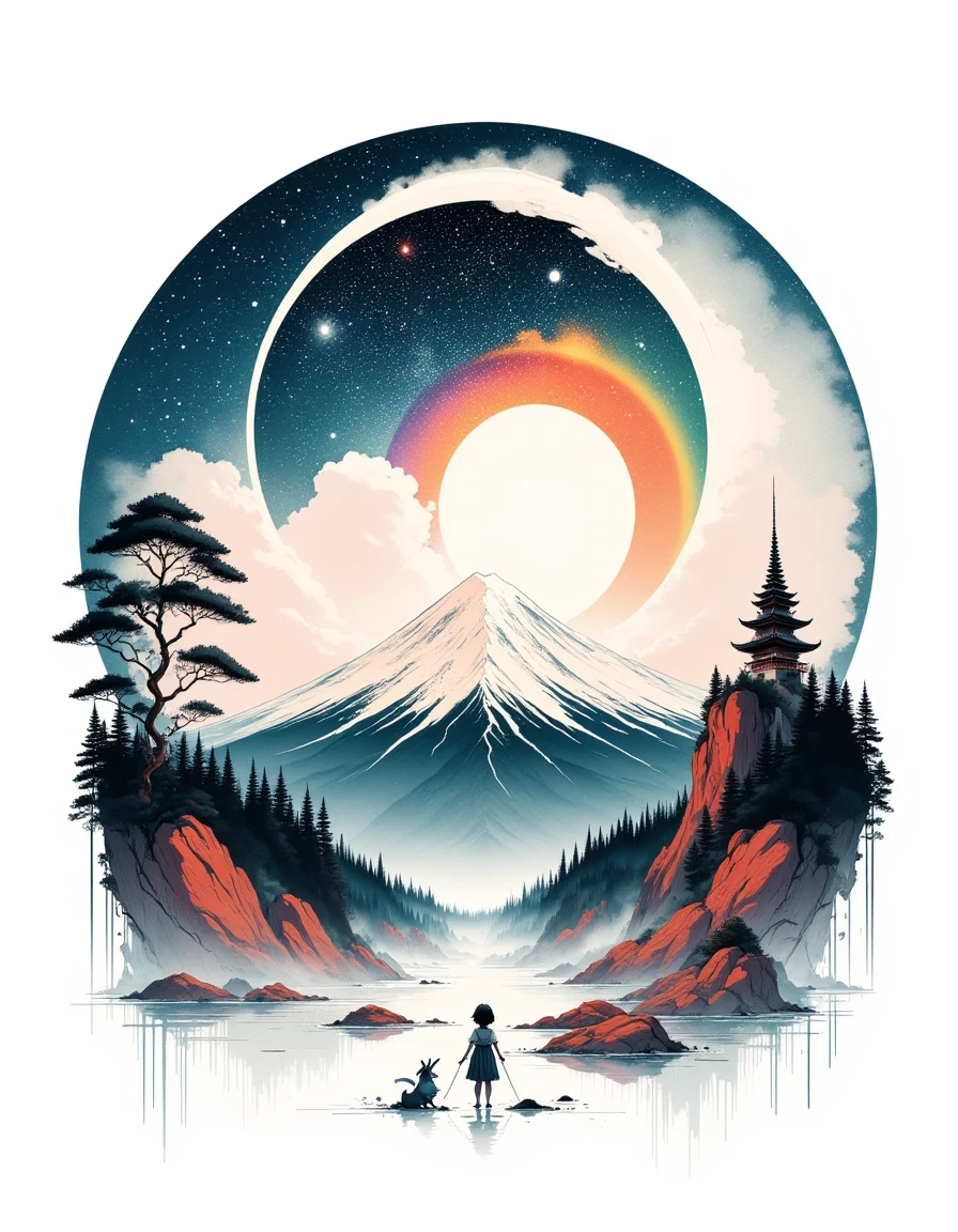 An ink-drawn rabbit on a white background, surrounded by a breathtaking scenery. A masterpiece featuring a mountain with a majestic dragon, set in a space-like atmosphere. A single girl stands near water, with stars sparkling above. Best quality rendering of clouds forming a circle shape in the sky, near a monk temple on top of a snow-capped mountain. The sun shines brightly, casting a rainbow with vibrant, colorful hues. The scene is framed by trees and red-tinted mountains, in a high-resolution, detailed style, 1950s, centerford, playboy  <lora:mrcenterfordInkStyle-FLUX-V0.1:1>