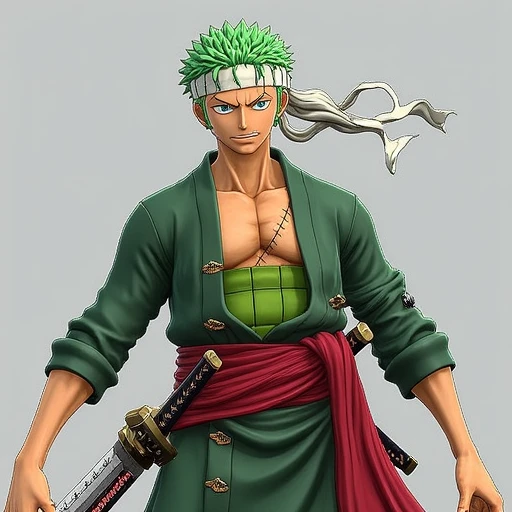 highly detailed, digital illustration or 3D-rendered artwork of a character from the anime series "One Piece." The character is Roronoa Zoro a character from One Piece series, swordsman who is using three swords in his post timeskip outfit , a skilled swordsman with a muscular build and a fierce expression. He has short, spikey green hair and piercing blue eyes. Zoro is depicted with a green and white bandana tied around his head, holding two swords: a katana in his right hand and a wakizashi in his left.