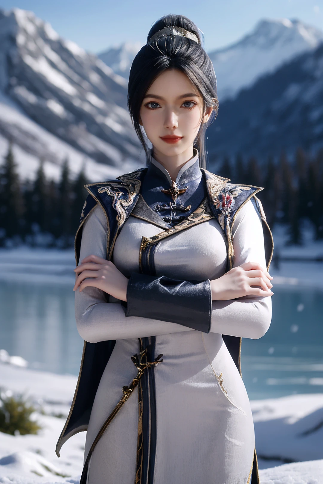 1girl,solo,ponytail,black hair,hair ornament,hair stick,grey eyes,chinese clothes,cape,crossed arms,(looking at viewer),outdoors,snow,snowflakes,mountain,forest,lake,scenery,((glowing)),blurry,Highly detailed,(ultra-detailed),(best quality,masterpiece:1.5),<lora:20240930-1727706729434:0.6>,