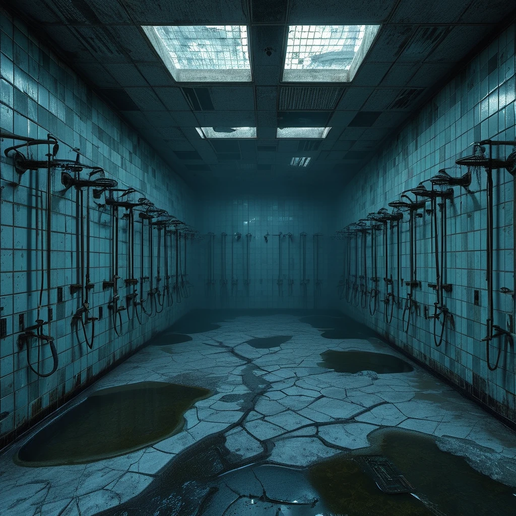 <lora:Doctor_Pollutions_Paranormal_Asylum_DX_-_Realistic_Freedom:1>,docpollparan, public shower, asylum, abandoned, unreal engine, 4k, masterpiece, trending on artstation