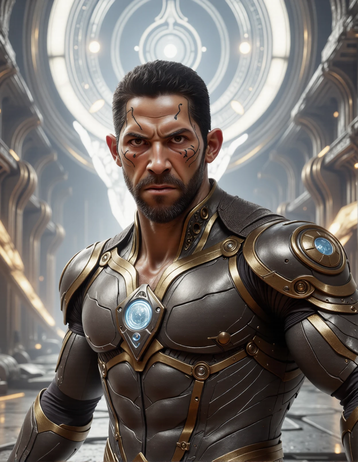 a high-resolution digital artwork depicting a muscular, intense-looking scottadk man in futuristic armor. The man, with short, dark hair slicked back, has a stern, determined expression with furrowed brows and clenched teeth. His skin tone is a light olive, and he has a well-groomed beard and mustache. The armor he wears is sleek, metallic, and highly detailed, with intricate designs and glowing blue accents on the shoulders and chest. The armor appears to be made of a combination of metal and advanced synthetic materials, with a glossy finish that catches the light, giving it a reflective quality.
In the background, the scene is a dynamic, futuristic landscape with towering, jagged, rocky mountains and a blue, misty sky, suggesting a cold, otherworldly environment. The lighting is dramatic, with shadows enhancing the ruggedness of the mountains and the intensity of the man's expression. The overall color palette is dominated by cool blues and grays, which contrast sharply with the man's skin tone and the metallic shine of his armor. The image is rich in detail, with textures that emphasize the ruggedness of the environment and the high-tech, futuristic nature of the armor.     <lora:scott_8_16_140_COS:1.3> <lora:Aryan_Beta:1.0>