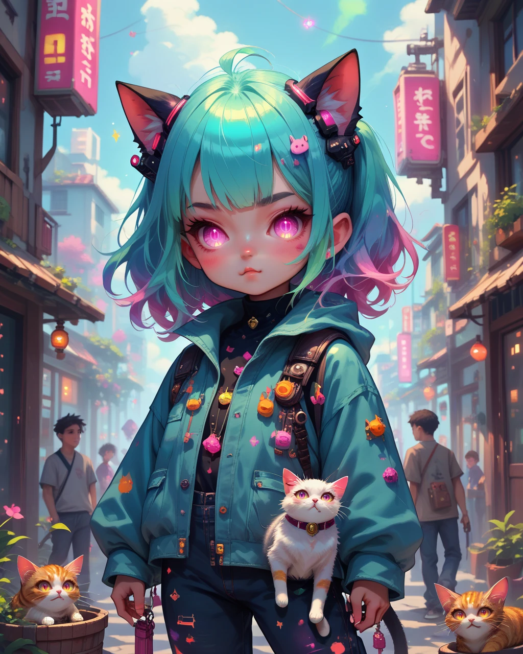 (score_9,score_8_up,score_7_up,score_6_up), cat, <lora:NeoNiKawaiiCS:0.8> kawaii cyberpunk, kawaii cyberpunk style, vibrant, pastel color palette, dynamic hair design, kawaii clothing style, tech-inspired accessories, glowing effects, kawaii aesthetic, chibi aesthetic, whimsical floating objects, popping visual effects, fantasy elements, detailed accessories