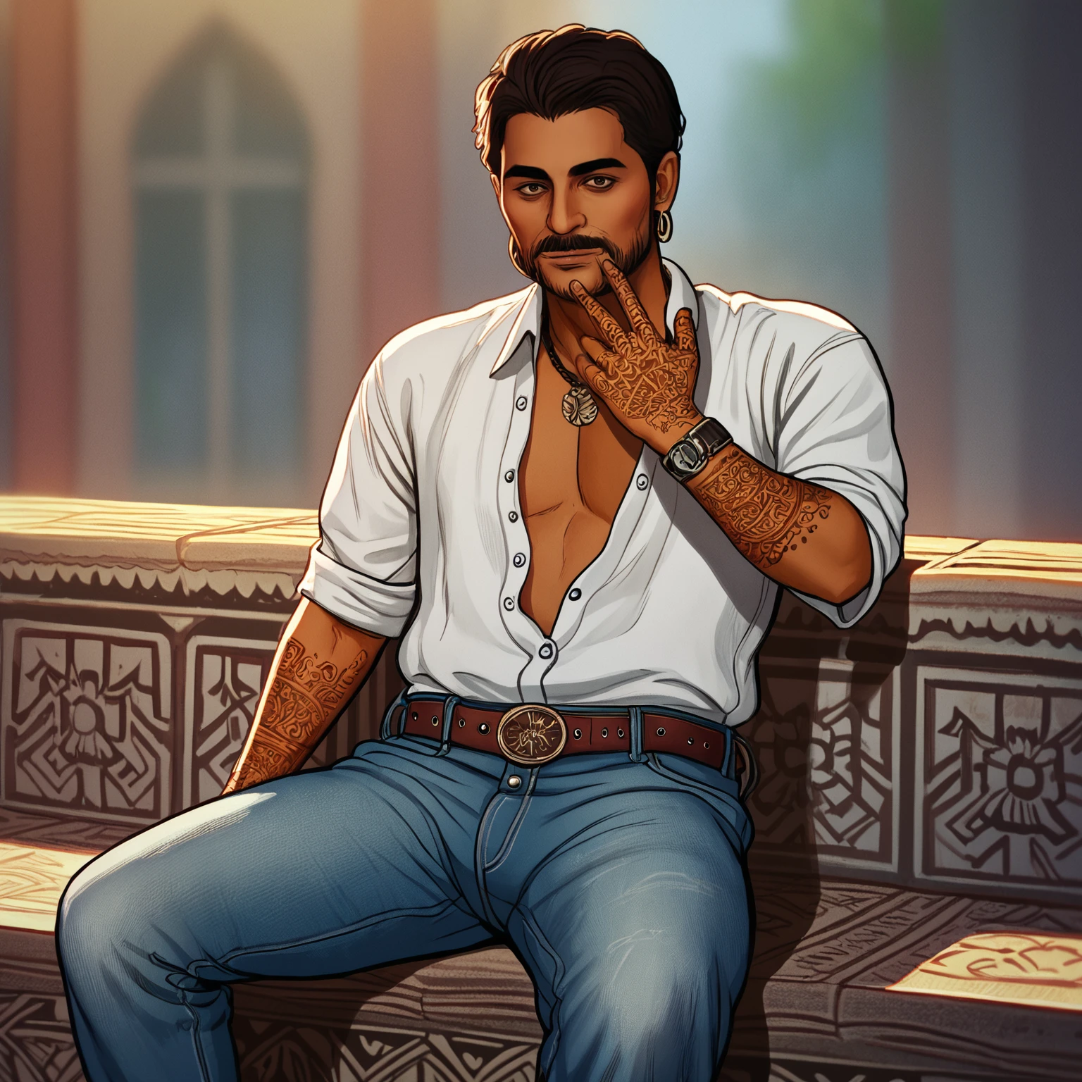 score_9, score_8_up, score_7_up, score_6_up, score_5_up, score_4_up, photorealism, realistic, india, outside, street
BREAK 1boy, indian, dark skin, slim, short hair, beard, stubble, mustache, button shirt, necklace, jeans, belt, wristwatch, bindi, mehndi, arm markings, face markings, jewelry, sitting, reclining
<lora:Mehndi_ponyXL_v10:1> <lora:umikochannart_ponyXL_v10:0.8>