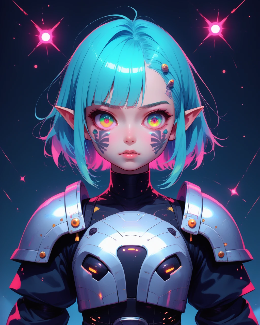 (score_9,score_8_up,score_7_up,score_6_up), 1girl in futuristic arnor, heavy shoulder pads, perfect shape, unknown race, colored eyes, tattoo on face, pointy ears, armor shimmers in different colors, war in the background, lumen light,  <lora:NeoNiKawaiiCS:0.8> kawaii cyberpunk, kawaii cyberpunk style, vibrant, pastel color palette, dynamic hair design, kawaii clothing style, tech-inspired accessories, glowing effects, kawaii aesthetic, chibi aesthetic, whimsical floating objects, popping visual effects, fantasy elements, detailed accessories