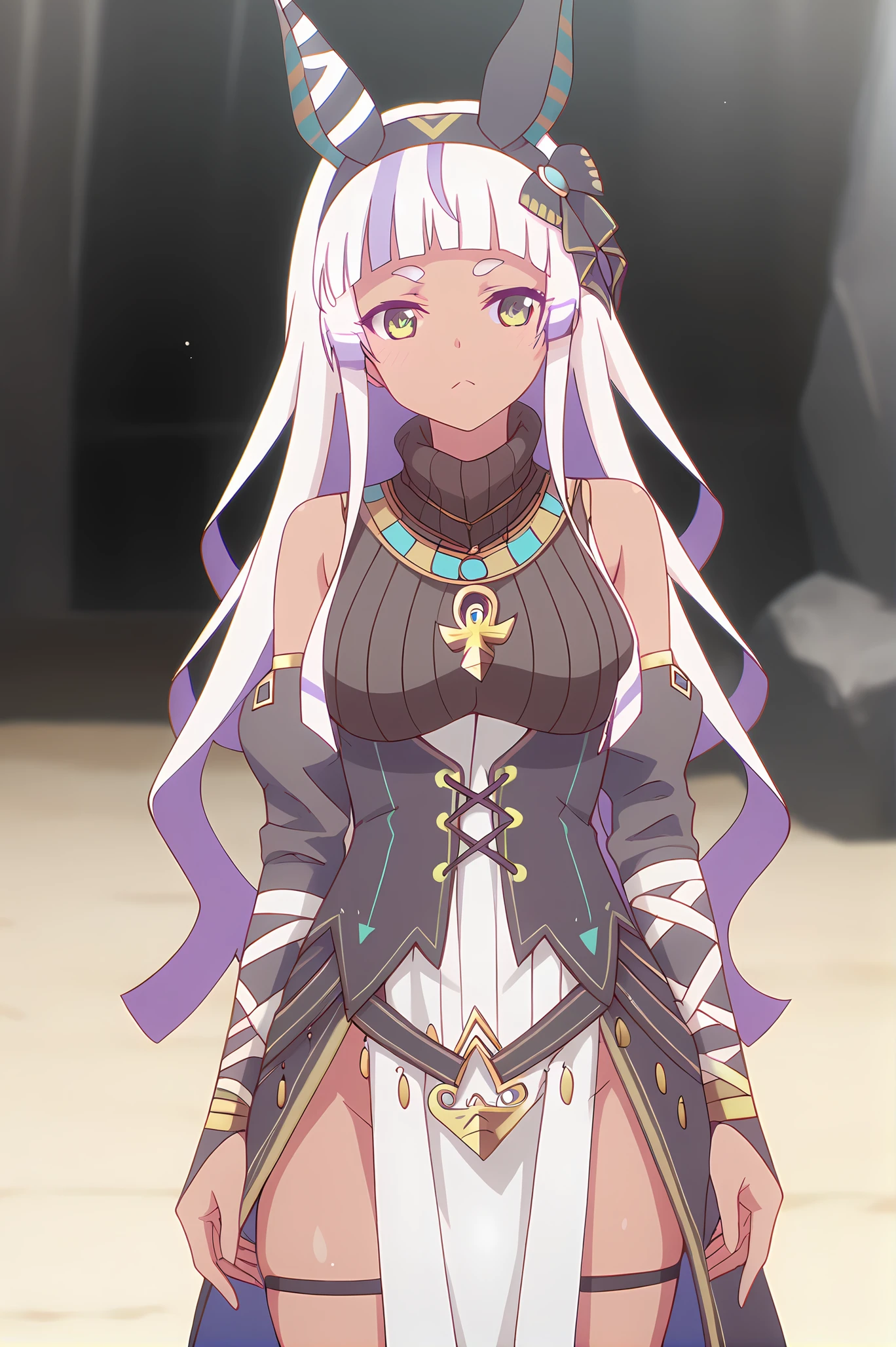 (egyptian clothes detached sleeves pelvic curtain:1.20), gg-anubis, necklace, hairband, white hair, multicolored hair, long hair, dark skin, jackal ears, green eyes, medium breasts, 1girl, solo, skinny, score_9, score_8_up, score_8, score_7_up, score_7, score_6_up, score_6, score_5_up, score_5, source_anime, blush, outdoors, (close-up:1.20), (silent comic:1.20), feet, <lora:gg-anubis-V01-000003:1.00>