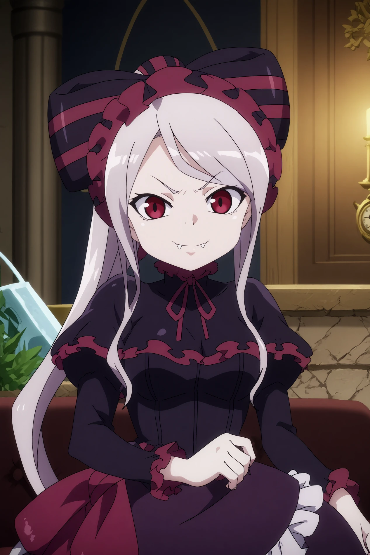 1girl,solo,shalltear bloodfallen,long hair,frills,dress,pale skin,bow,vampire,ponytail,fang out,split pupils,looking at viewer,indoors,gothic castle,dark,clock,chandelier,decoration,roses,upper body,smile,good_hands 
<lora:Shalltear_Bloodfallen_-_OverLord:0.8>