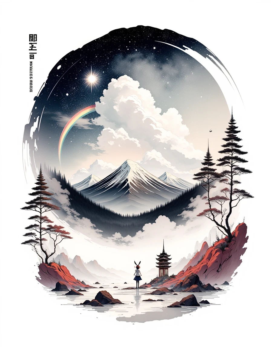 An ink-drawn rabbit on a white background, surrounded by a breathtaking scenery. A masterpiece featuring a mountain with a majestic dragon, set in a space-like atmosphere. A single girl stands near water, with stars sparkling above. Best quality rendering of clouds forming a circle shape in the sky, near a monk temple on top of a snow-capped mountain. The sun shines brightly, casting a rainbow with vibrant, colorful hues. The scene is framed by trees and red-tinted mountains, in a high-resolution, detailed style, 1950s, centerford, playboy  <lora:mrcenterfordInkStyle-FLUX-V0.1:1>