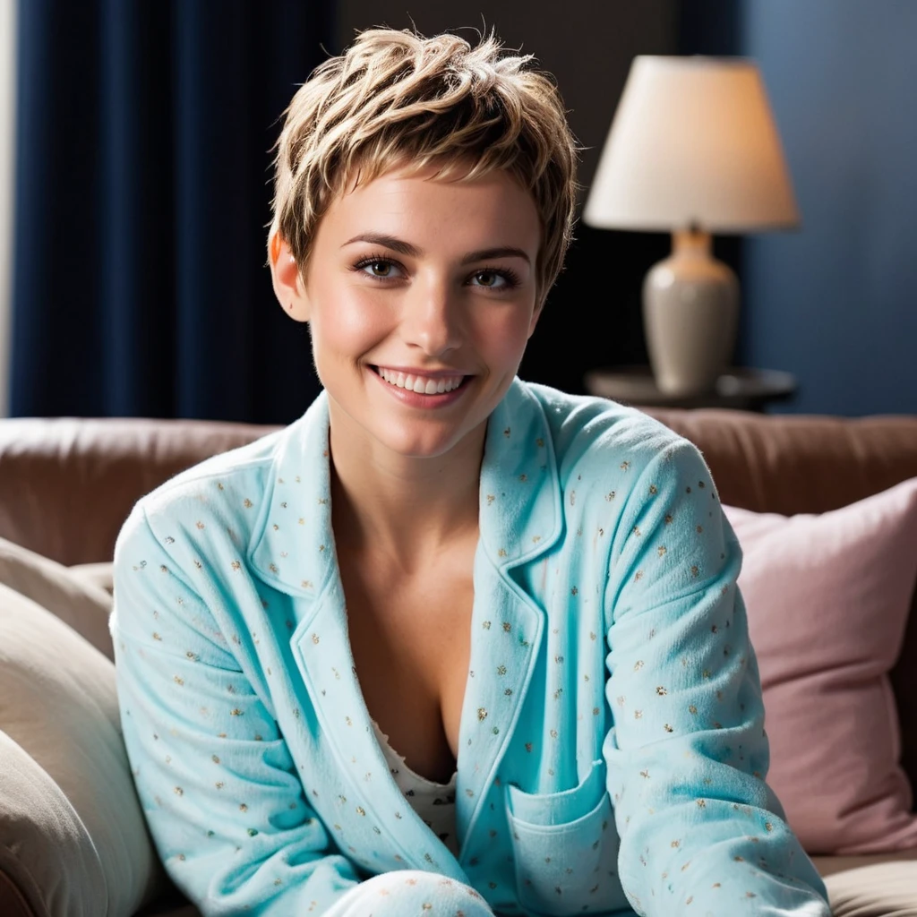 a realistic photo of a young woman sitting on couch with short layered pixie hairstyle and wearing pajamas, half smile, shot in epic cinematic lighting, <lora:Short_Layered_Pixie_Harstyle:0.6>