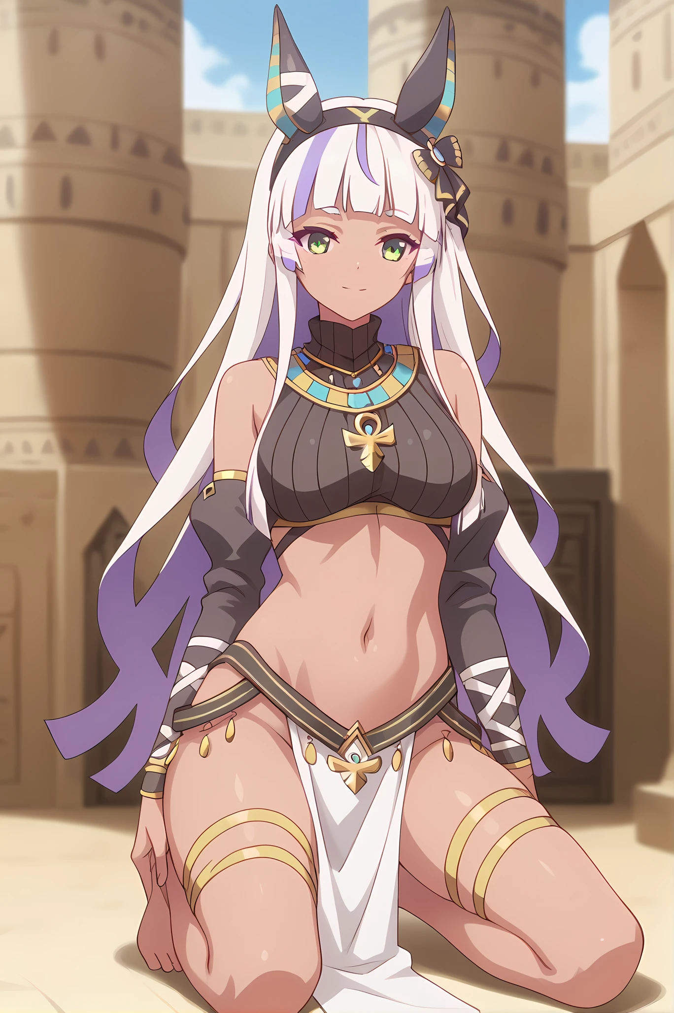 (egyptian clothes detached sleeves pelvic curtain:1.20), gg-anubis, necklace, hairband, white hair, multicolored hair, long hair, dark skin, jackal ears, green eyes, medium breasts, 1girl, solo, skinny, score_9, score_8_up, score_8, score_7_up, score_7, score_6_up, score_6, score_5_up, score_5, source_anime, light smile, outdoors, (:1.20), (:1.20), feet, <lora:gg-anubis-V01:0.60>