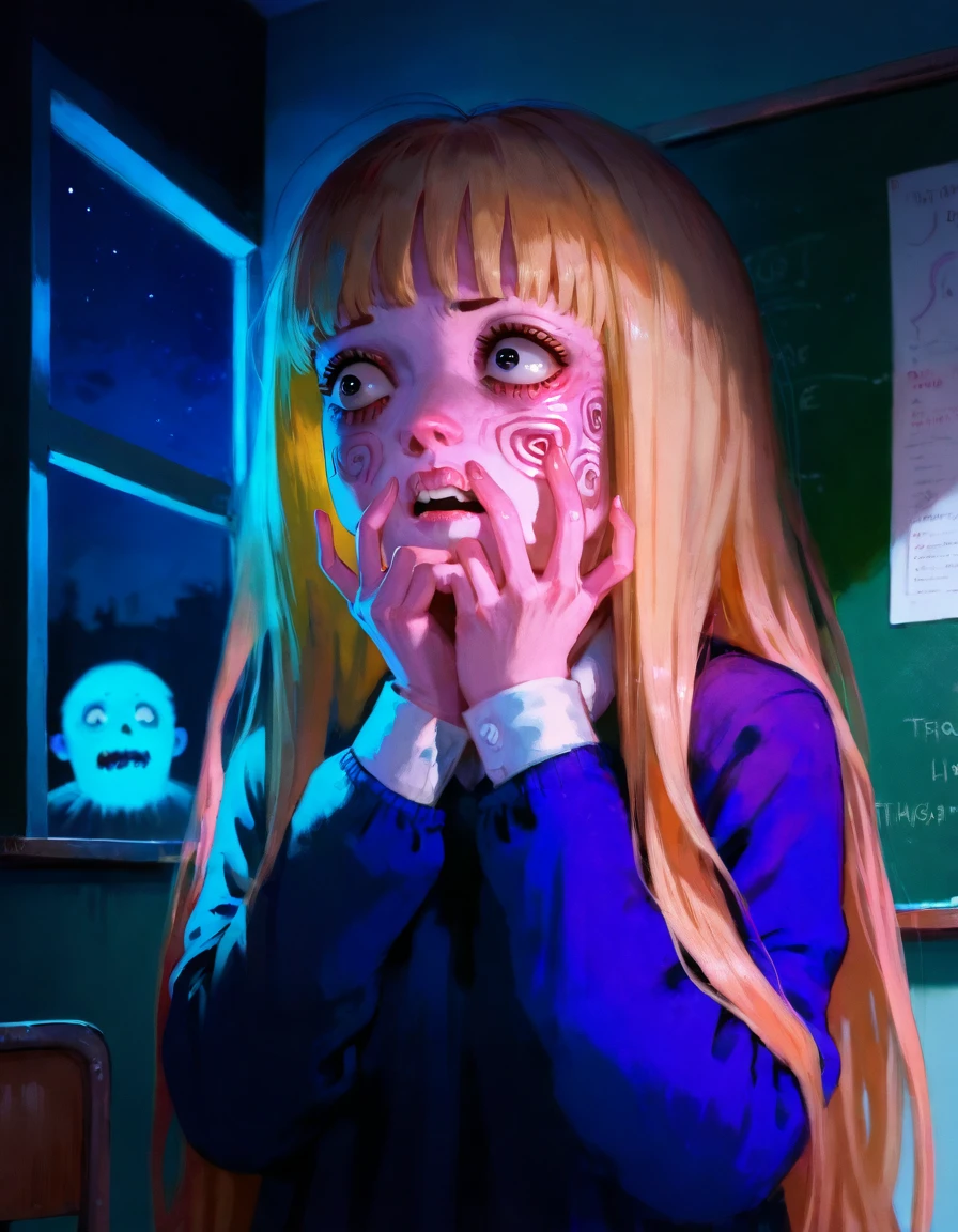 score_9, score_8_up, score_7_up, score_6_up,1girl,<lora:junjinitostyle01:0.8>,junjito,solo,horror theme,blonde,classroom,school uniform,very long hair,(night:1.2),disturbing,ghost,anxious,looks away,dynamic pose,dark,spiral