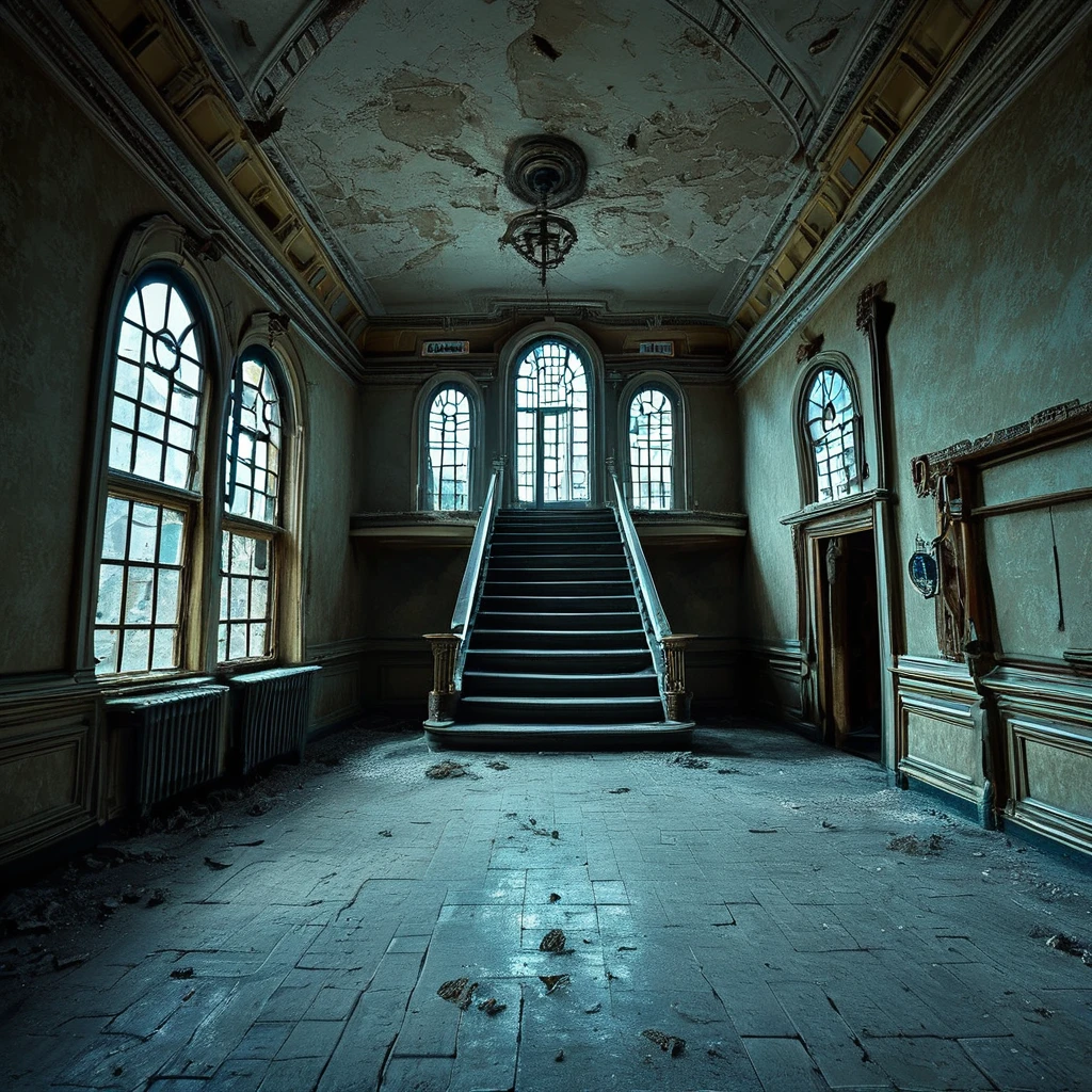 <lora:Doctor_Pollutions_Paranormal_Asylum_DX_-_Realistic_Pony_Photo:1>, docpollparan, entrance hall, asylum, abandoned, unreal engine, 4k, masterpiece, trending on artstation, staircase, windows