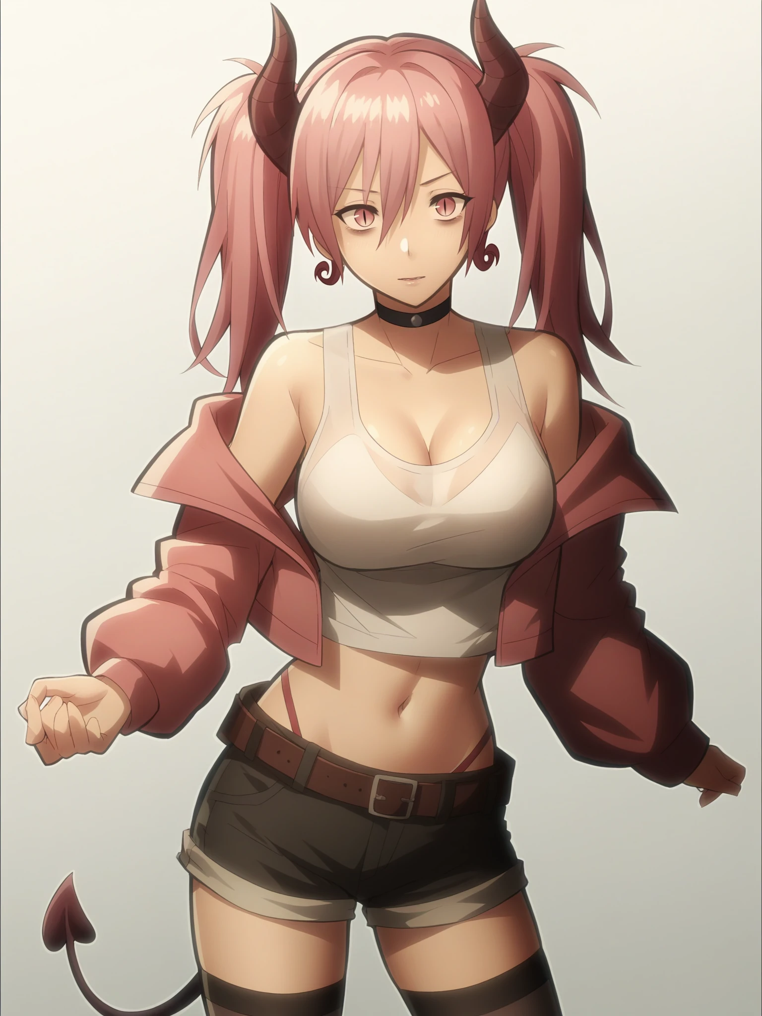 score_9, score_8_up, score_7_up, score_6_up, score_5_up,
Season_1, 
1girl, solo, breasts, tail, pink_hair, horns, demon_tail, shorts, jacket, twintails, large_breasts, smile, looking_at_viewer, long_hair, navel, choker, black_background, pink_eyes, short_shorts, belt, demon_girl, pink_jacket, demon_horns, simple_background, tank_top, open_jacket, cleavage, black_shorts, open_clothes, thighhighs, off_shoulder, bare_shoulders, closed_mouth, head_tilt, hair_between_eyes, cowboy_shot, jewelry, micro_shorts, collarbone, black_choker, white_thighhighs, crop_top, bangs, earrings, clothes_writing, shirt, midriff, standing, see-through, contrapposto, long_sleeves
 <lora:Attack_On_Titan:1>