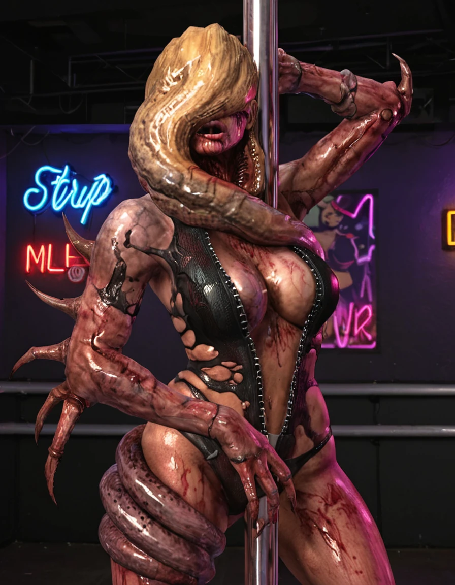 This professional studio photo shoot captures a striking of (rachel Ooze:1.5) dancing in a stripclub, strip pole, Hair over eyes, blonde, claw, mutilated, monster girl, tentacle, Fujifilm XT3, F/8, photo-realistic face, upper body shot, cleavage, sexy pose, neon lights