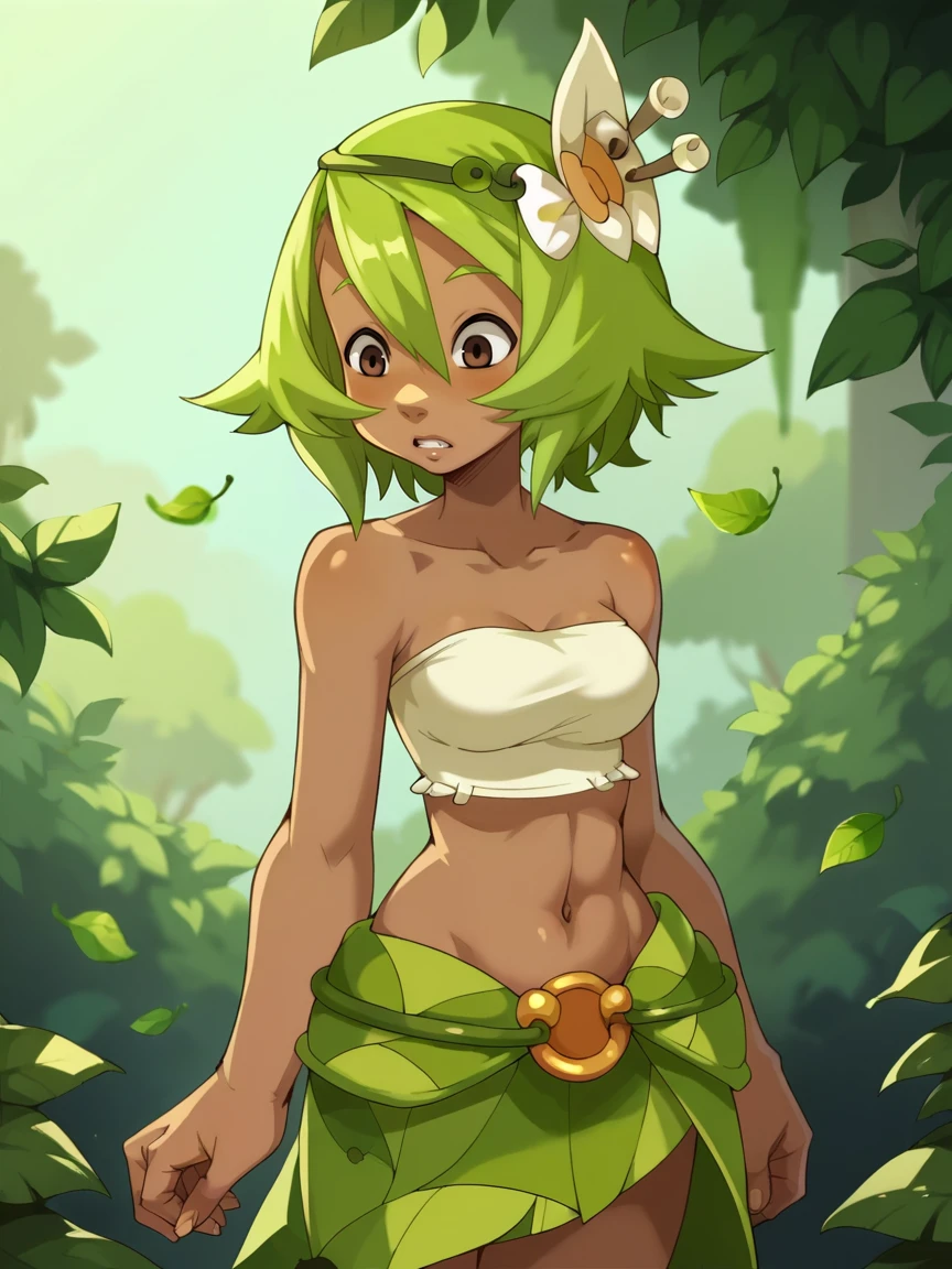 score_9, score_8_up, score_7_up, score_6_up, score_5_up,   <lora:wakfuXLP:1> wakfu, 1girl, green hair, dark skin, midriff, leaf skirt, hair ornament, tube top,