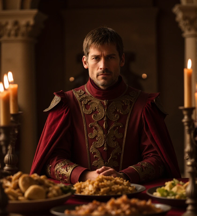 bokeh,  outdoor,  <lora:jaime-lannister-flux-j3mil4:1>game of thrones style,  j3mil4 in a crimson ceremonial robe with golden embroidery, presiding over a feast in the throne room, with tables full of elaborate foods and lit torches along the walls.