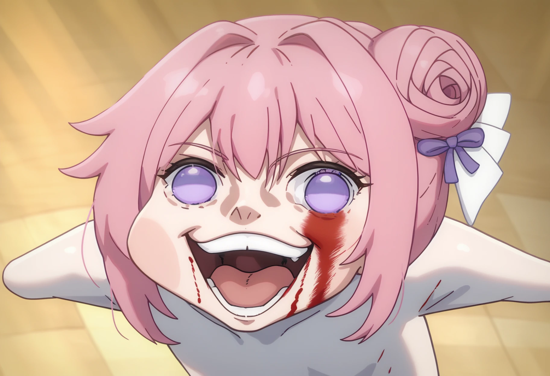 score_9, score_8_up, score_7_up, source_anime,
BREAK
<lora:shigojoenV1:1>, gojoendef, crazy eyes, crazy smile,
looking at viewer, smile, open mouth, upper body, teeth, tongue, blood, outstretched arms, blood on face, 
<lora:Doro_X_PDXL_V1:1.0> doro, creature, :3, chibi, pink hair, purple eyes, hair bun, hair bow, no humans, white skin, four legs, solid circle eyes, no pupils