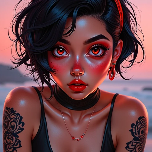 This is a highly detailed, digital illustration of a young female heroine_lady-marinette by (bmx),  with an anime-inspired style. The subject is depicted from the chest up, focusing on her striking facial features and intricate tattoos. She has porcelain skin with a slight blush on her cheeks, giving her a youthful, innocent appearance. Her large, expressive eyes are an intense shade of red, with long, thick lashes and a piercing look that dominates her face. Her short, wavy black hair is styled to frame her face and features a subtle gradient of dark blue and purple highlights, anime, any, (bmx-style)