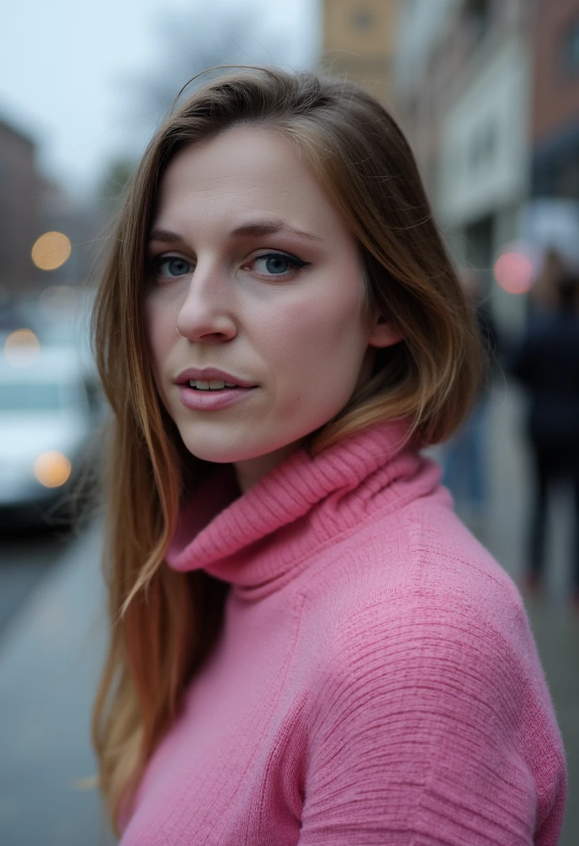 a woman is depicted in a close-up portrait outdoors on an overcast day, wearing a pink turtleneck sweater that contrasts beautifully with the soft, diffused light. The background shows a city street, blurred just enough to keep the focus on her while adding depth and context. Her expression is relaxed, with a thoughtful gaze as she looks slightly off-camera. The cool tones and subtle lighting create a moody yet elegant vibe