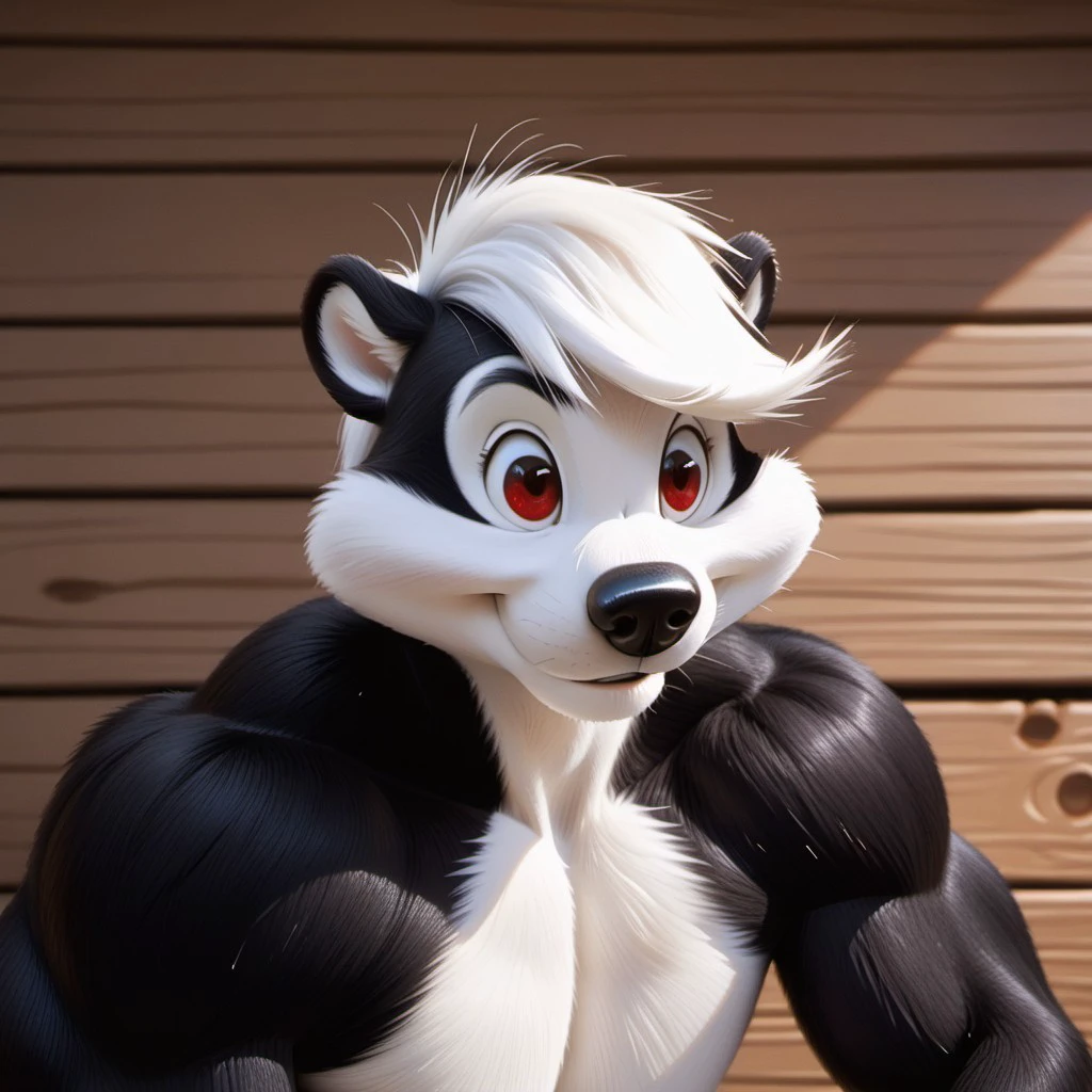 score_9, score_8_up, score_7_up, score_6_up, score_5_up, score_4_up, score_4, detailed face, detailed eyes, detailed fur, furry futanari, nature background, cabin background, detailed background, solo, headshot
BREAK
PituLePew, skunk, cartoon skunk, anthropomorphic skunk, furry male, male focus, black fur, white face, white chest, white stomach, shortstack, muscular, muscles, white hair, hair covering eyes, black nose, big nose, large tail, skunk tail, footpaws
BREAK
<lora:add-detail-xl:1.0>