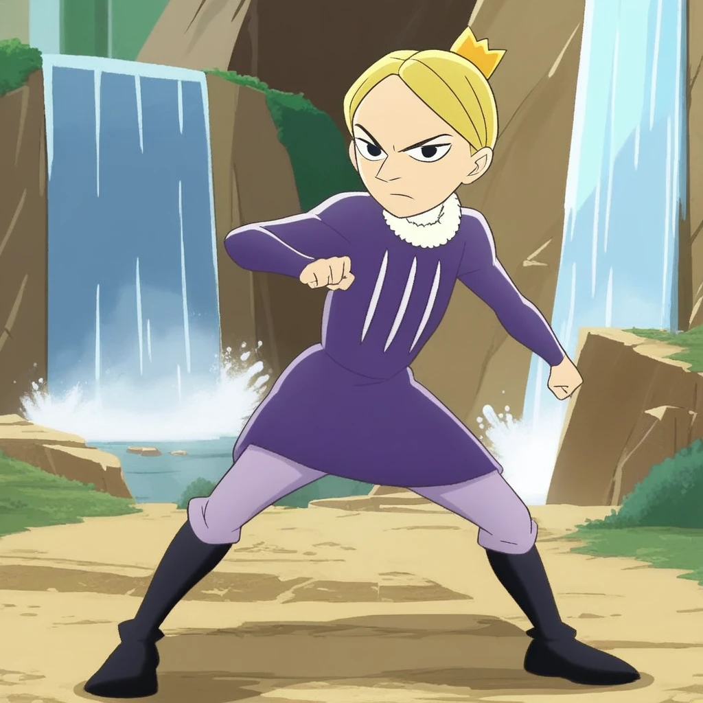 score_9, solo, daida_rok, blonde hair, crown, black eyes, combat stance, waterfall, natural lighting