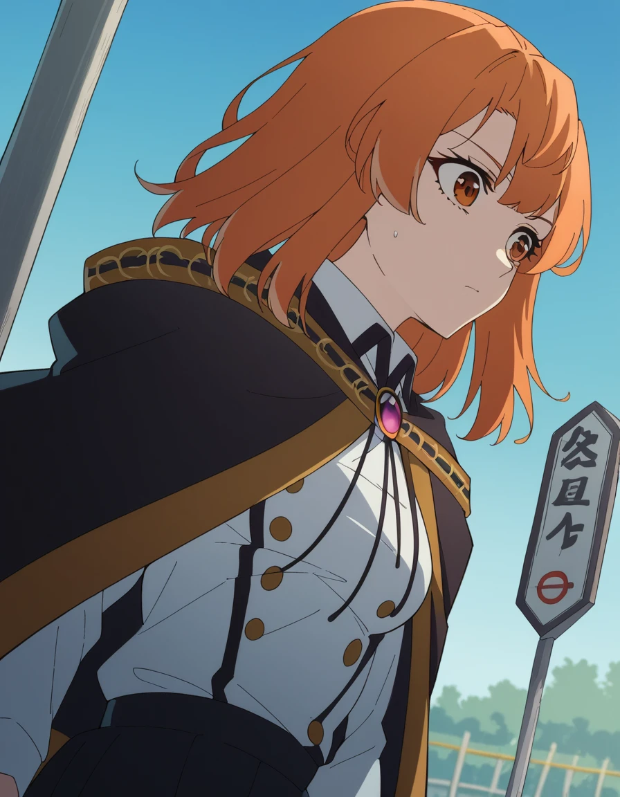 score_9, score_8_up, score_7_up, source_anime, <lora:colette-loire-s1-ponyxl-lora-nochekaiser:1>, colette loire, bangs, brown eyes, medium hair, orange hair, orange eyes, medium breasts,, skirt, black skirt, school uniform, cape, gemstone, brooch, long sleeves, shirt, white shirt, collared shirt, bus stop, waiting, commuter, smartphone, checking time, cold morning, , , from below, solo,, cowboy shot, dutch angle