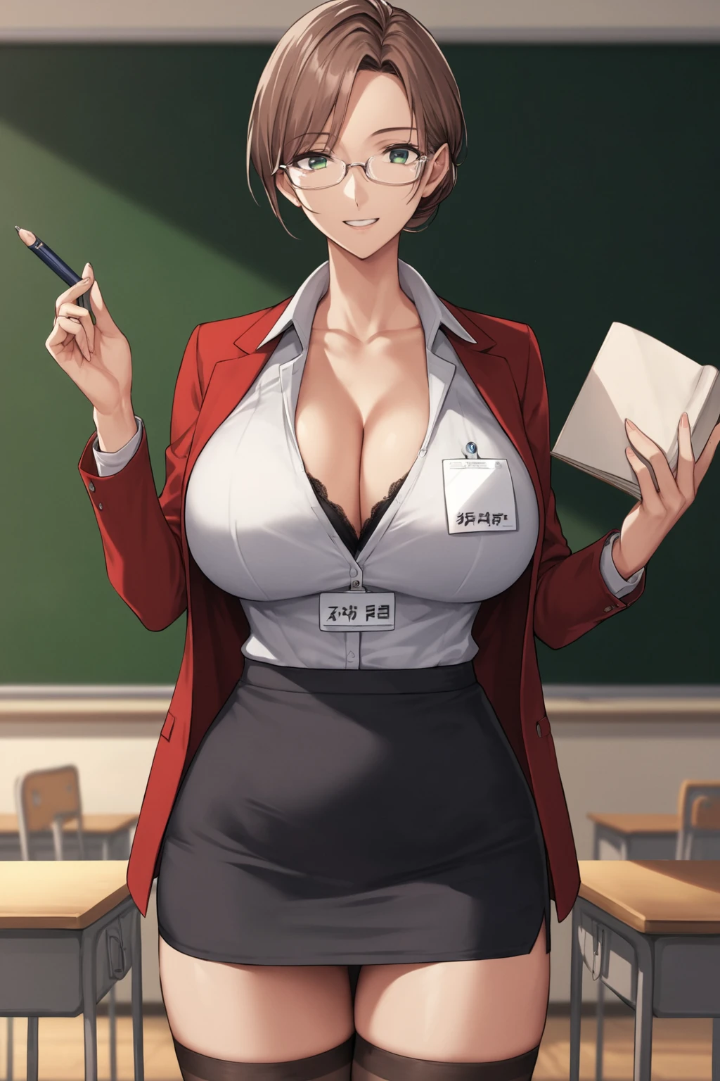 score_9, score_8_up, score_7_up, source anime,
standing, holding book, light smile, 
1girl, <lora:Ero Succubus Gakuen - Firis:0.8>, firis, brown hair, hair up, green eyes, large breasts, demon tail,
teacher, collared shirt, white shirt, red jacket, black pencil skirt, cleavage, collarbone, name tag, lace trim, black bra, black thighhighs, glasses,
classroom, chalkboard,