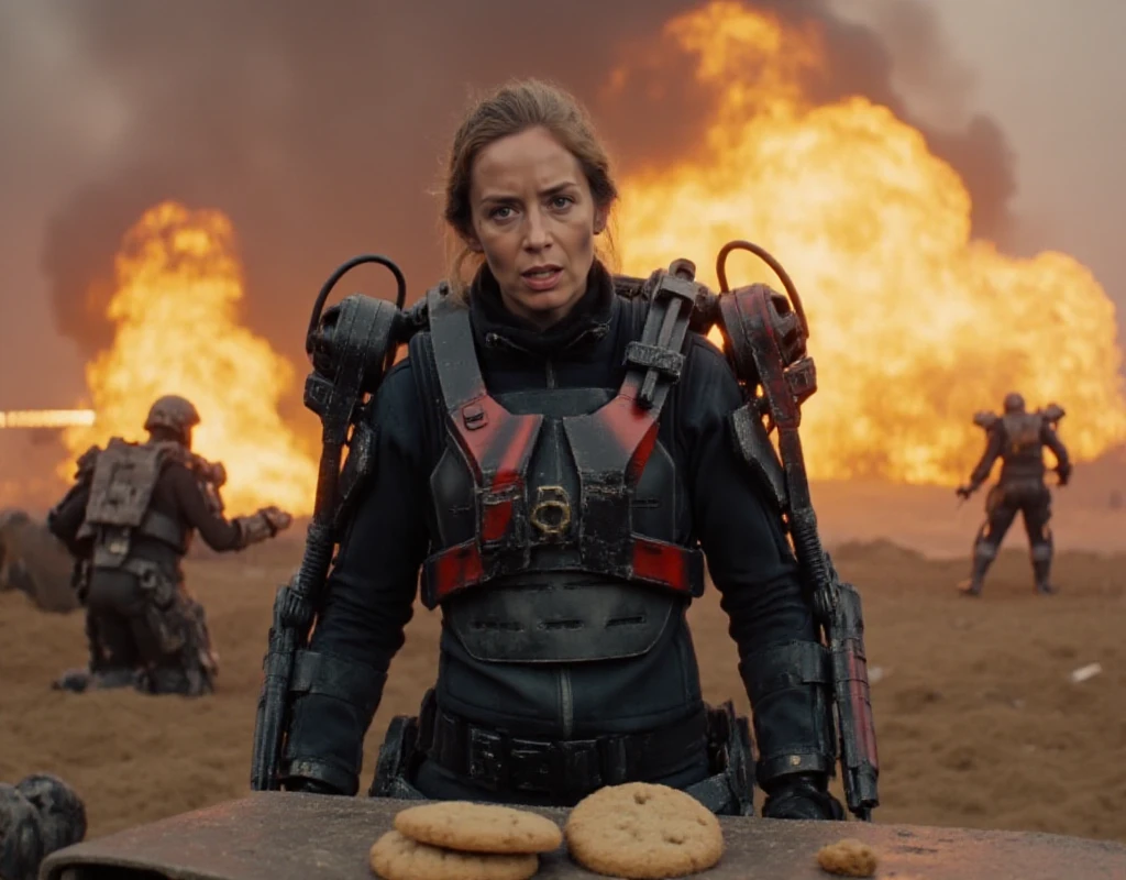 Rita Vrataski wears an exoskeleton armor and is baking cookies on a battlefield. Explosions in the background<lora:Rita_Vrataski:0.9>