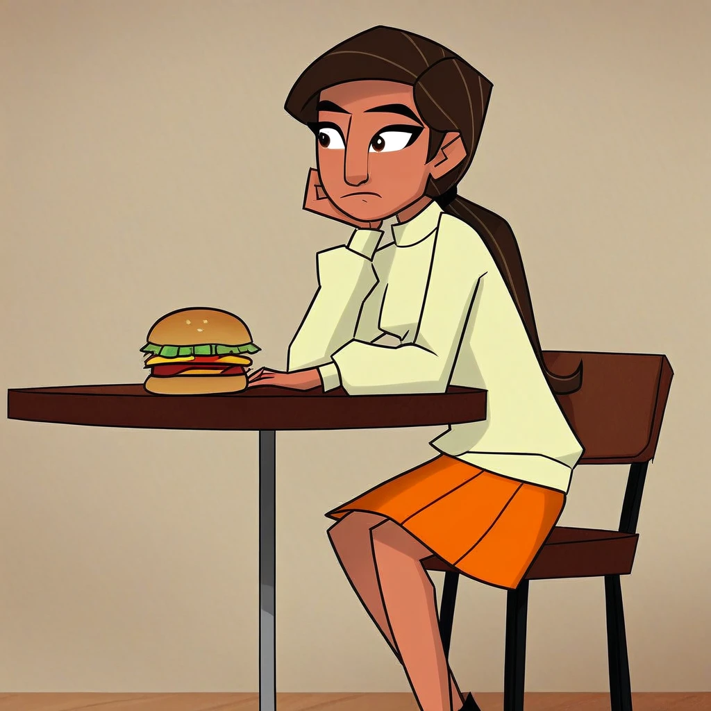 score_9, solo, karmi_bh6, brown hair, long hair, ponytail, dark-skinned female, sweater, skirt, sitting, table, hamburger