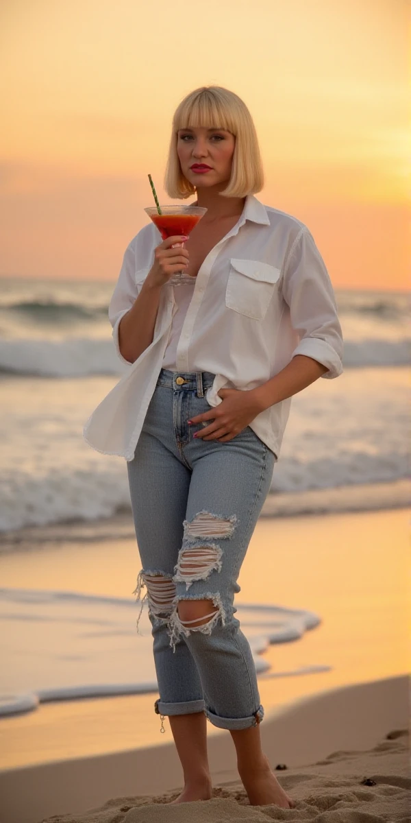 Alicyn Sterling is a woman. She has a blond short square haircut and a bangs. She stands wearing a white button down shirt and ripped jeans and higheels on a beach having a cocktail at sunset <lora:Alicyn_Sterling:0.9>