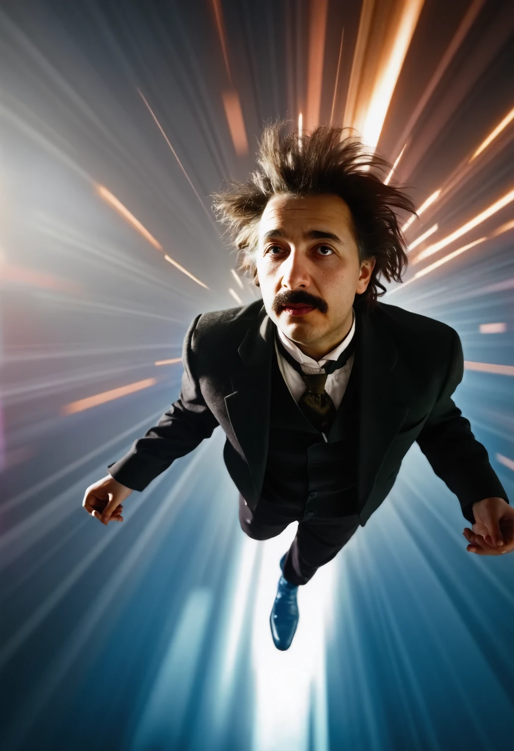 Digital Photo, young man, classical suit, he is flying on a beam of light, speed of light, frozen moment in time, warp speed, cosmos, high shutter speed, EM Waves, Oscillation, colored rays of light all around, dark full curly hair, clean shaven but with a mustache, professional photography, amazing composition and image quality