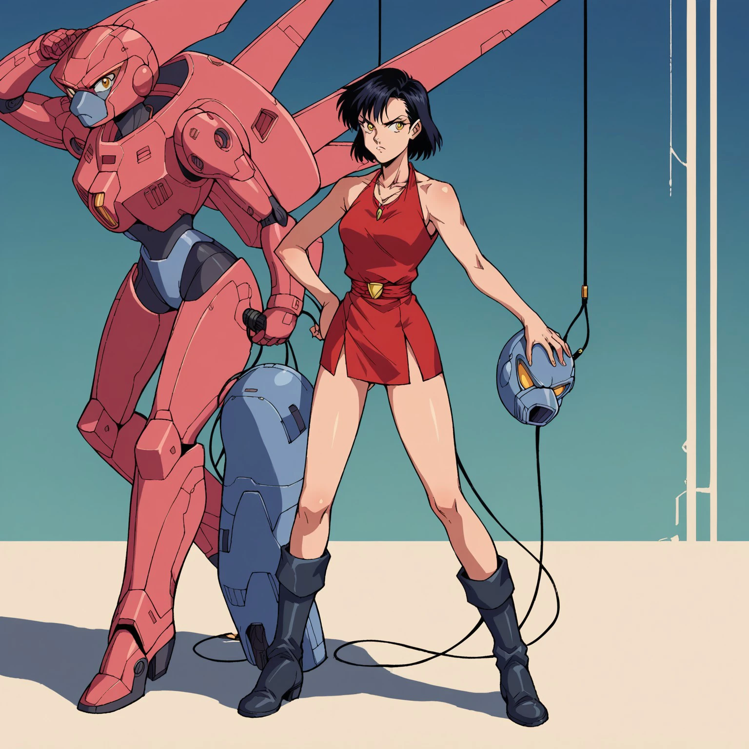 score_9, score_8_up, score_7_up, score_6_up, source_anime, silver shlfrn_helmet, 1girl, halterneck bodysuit, sleeveless, bare legs, knee boots, holding helmet, unworn helmet, angry, closed mouth, frown, full body, standing in front of mecha, looking to the side, black hair, short hair, ruby necklace, cable, yellow eyes, parted lips, looking at viewer, 1980s \(style\)