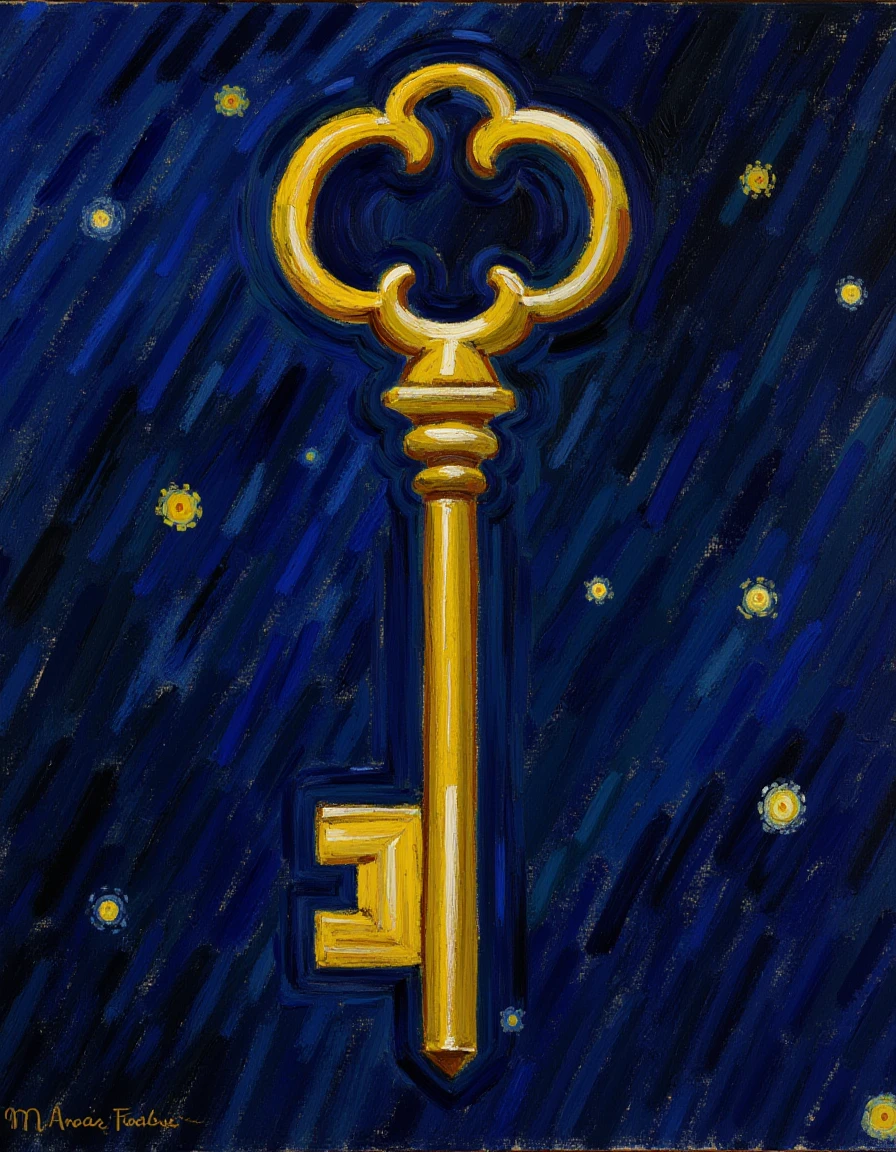 <lora:Starry-Night_v10-000013:1>, starry_night1, A brass key