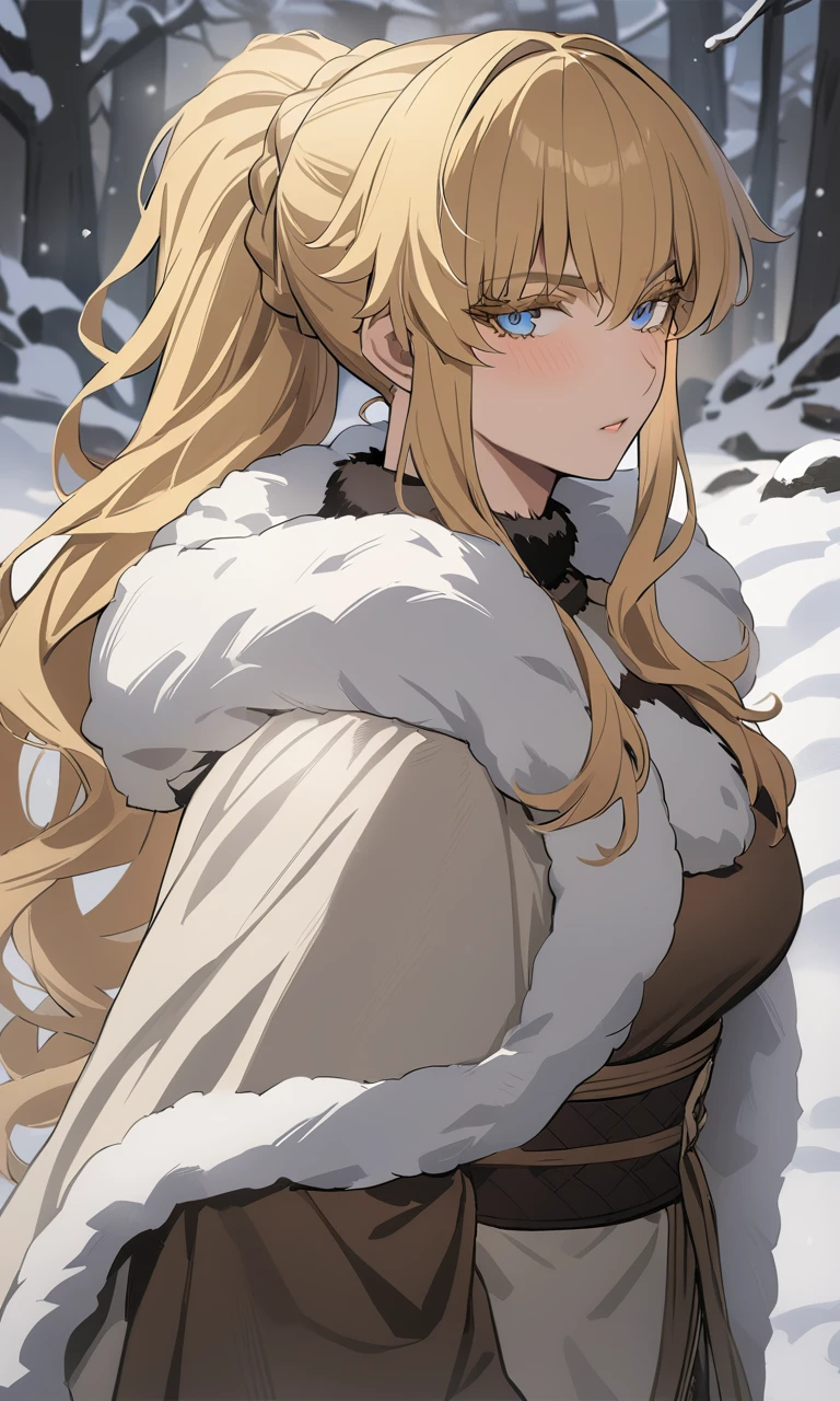 YLV4L0R4PDXLV1, 1girl, blue eyes, blonde hair, ponytail_with_braided_base, colored_eyelashes, blonde_eyelashes, blonde_eyebrows, light-skinned_female, fur-trimmed_coat, dress, fur-trimmed_coat, snow, snowy, viking