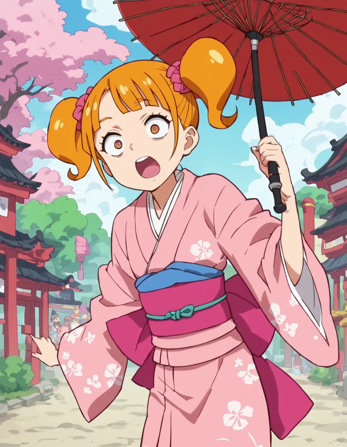 score_9, score_8_up, score_7_up, anime screencap,(1girl, solo:1.3),twintails, japanese clothes, umbrella, open mouth, kimono,short hair, orange hair, blown eyes<lora:IchijoRanko:1>