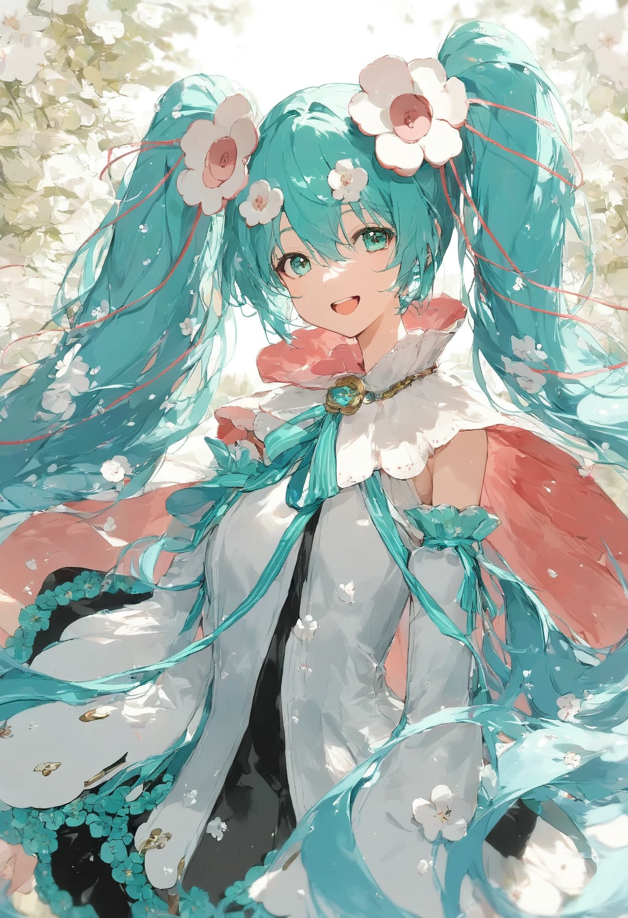 score_9,score_8_up,score_7_up,,source_anime BREAK, upper body , 1girl, solo,looking at viewer,, MHM21, hatsune miku, hair ornament, flower, twintails, magical mirai miku, long hair, detached sleeves, open mouth, aqua hair, smile, very long hair,  wide sleeves, medallion, white sleeves, aqua ribbon, aqua eyes, cape, hair between eyes, white flower<lora:ãã¸ã«ã«ãã©ã¤2021:1>