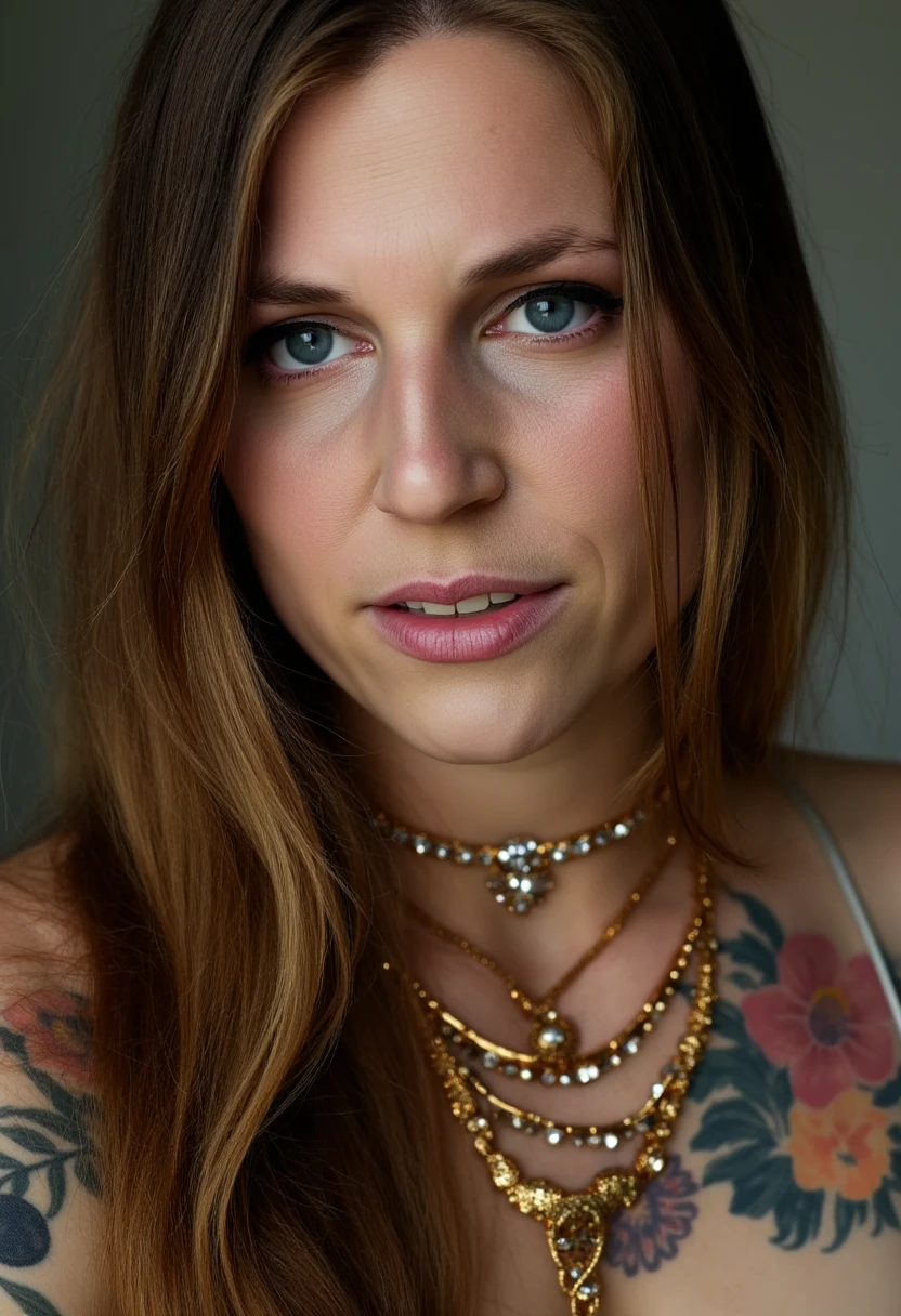 "A hyperrealistic close-up portrait of xevbell with long, sleek brown hair cascading down her shoulders. Her facial features are strikingly defined, with expressive eyes and soft, natural skin texture. She is adorned with intricate and luxurious jewelry: ornate necklaces, layered bracelets, and dangling earrings with gemstones that catch the light. Her face and neck are decorated with beautiful, artistic tattoos featuring floral and geometric designs, blending seamlessly with her jewelry. The image is extremely detailed, capturing every strand of hair, the glint of metal, and the texture of her tattoos with lifelike precision."