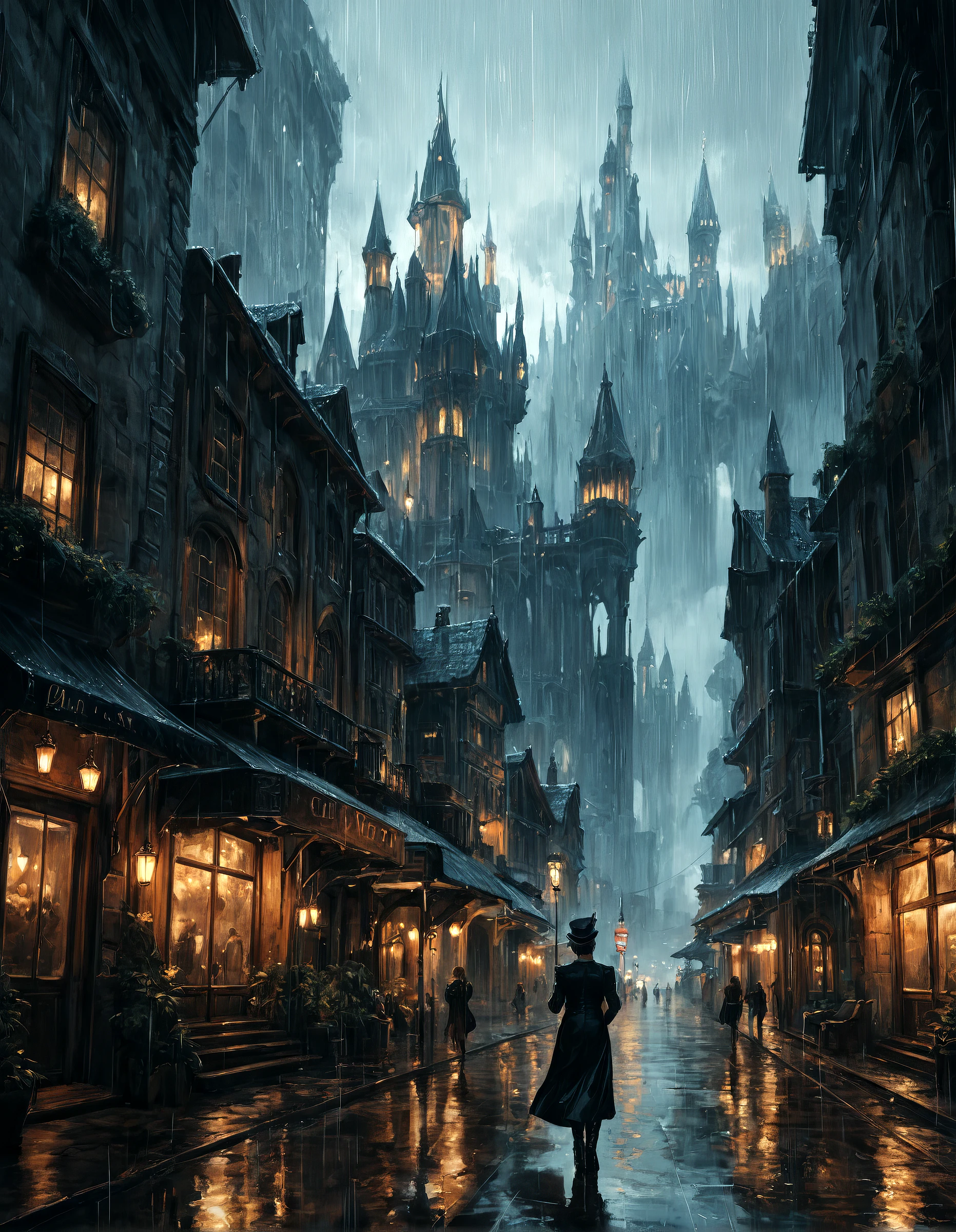 score_9, score_8_up, score_7_up, a fantasy city built within a vast cave, sleek glass buildings, elegant walkways between towers, illustration, raining, dark and moody lighting, digital art, oil painting, fantasy, 8 k, trending on artstation, detailed