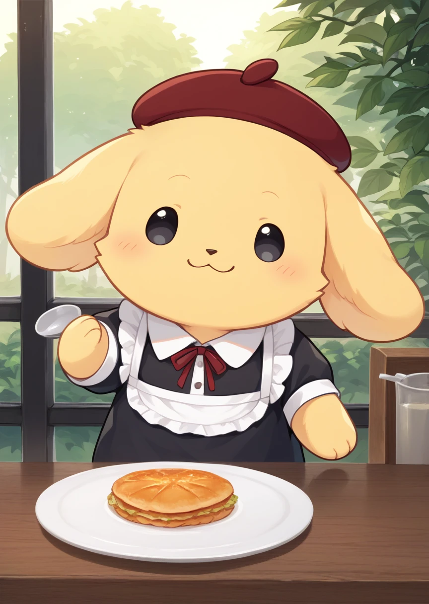 score_9, score_8_up, score_7_up, score_6_up, score_5_up, BREAK
Purin, antro, male, no humans, solo, :3, red headwear, beret, furry, yellow fur, cafe, black eyes, cute, kawaii, maid uniform, maid headdress, holding plate