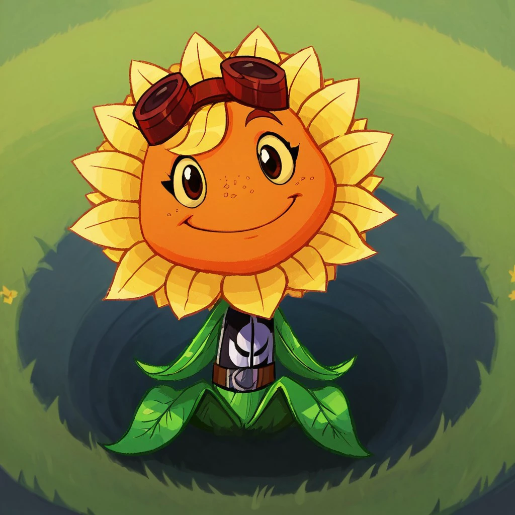 score_9, score_8_up, score_7_up, BREAK, 1girl, solo, sunflower, flower girl, flora fauna, red goggles, leaf arms, leaf legs, yellow petals, orange face, freckles, green body, goggles, flower, goggles on head, looking at viewer, smile, closed mouth, grass, outdoors