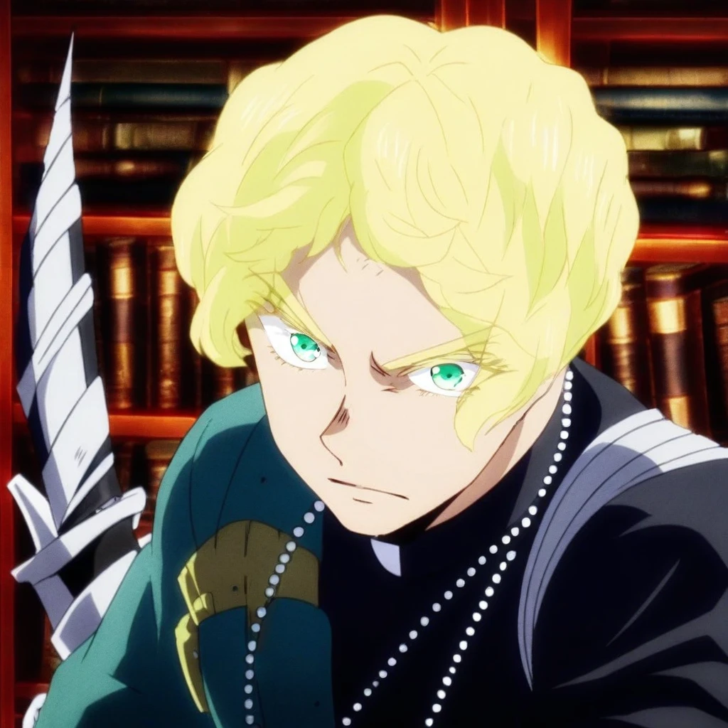 library, weapon, green eyes, necklace, military uniform, blonde hair, upper body, military, solo