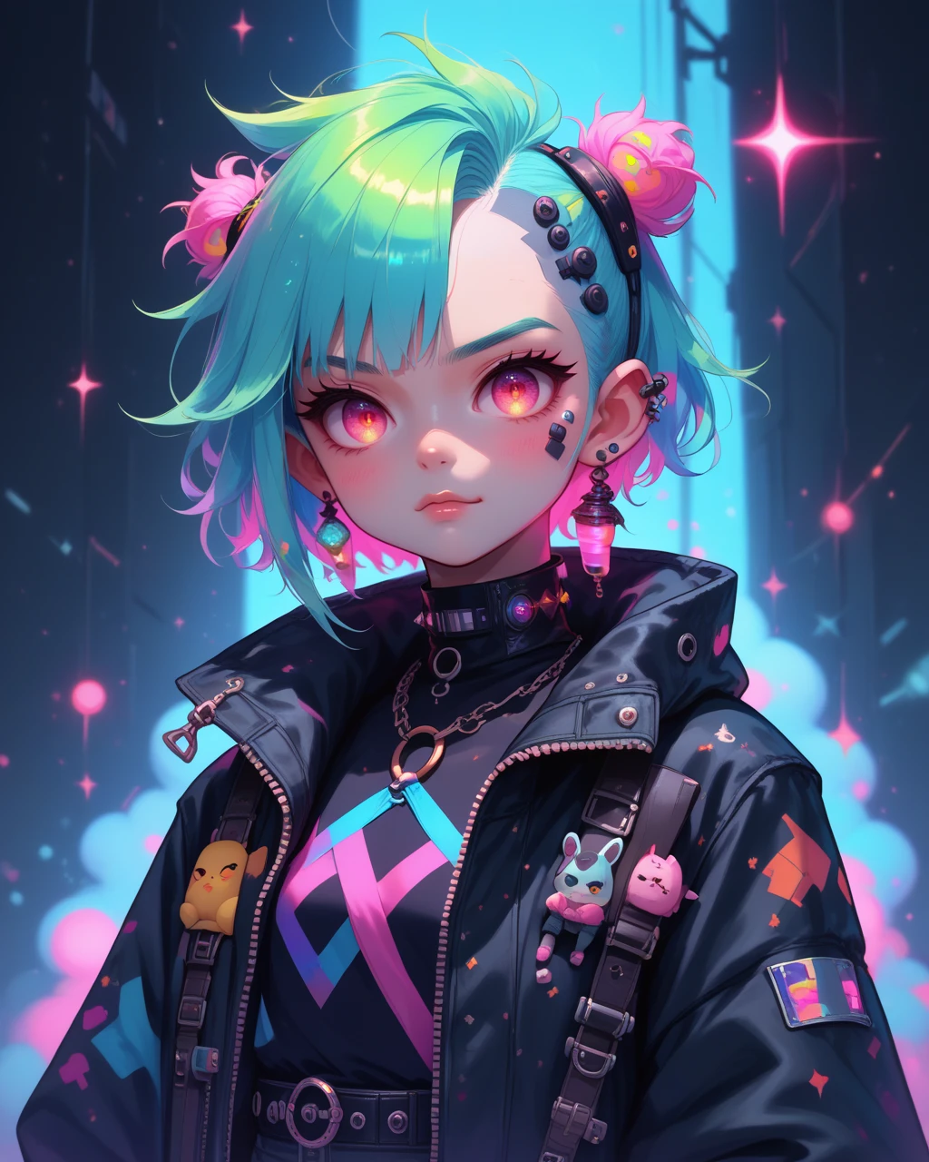 (score_9,score_8_up,score_7_up,score_6_up), beat, o-ring in ears, punk jacket, ^_^ emotion,  <lora:NeoNiKawaiiCS:0.8> kawaii cyberpunk, kawaii cyberpunk style, vibrant, pastel color palette, dynamic hair design, kawaii clothing style, tech-inspired accessories, glowing effects, kawaii aesthetic, chibi aesthetic, whimsical floating objects, popping visual effects, fantasy elements, detailed accessories